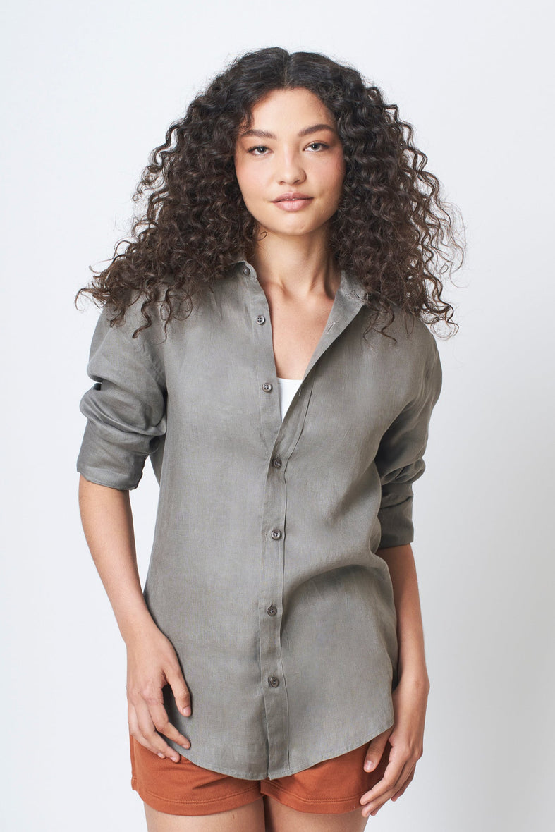 Camisa 100% Linho Lisa Verde Militar ML