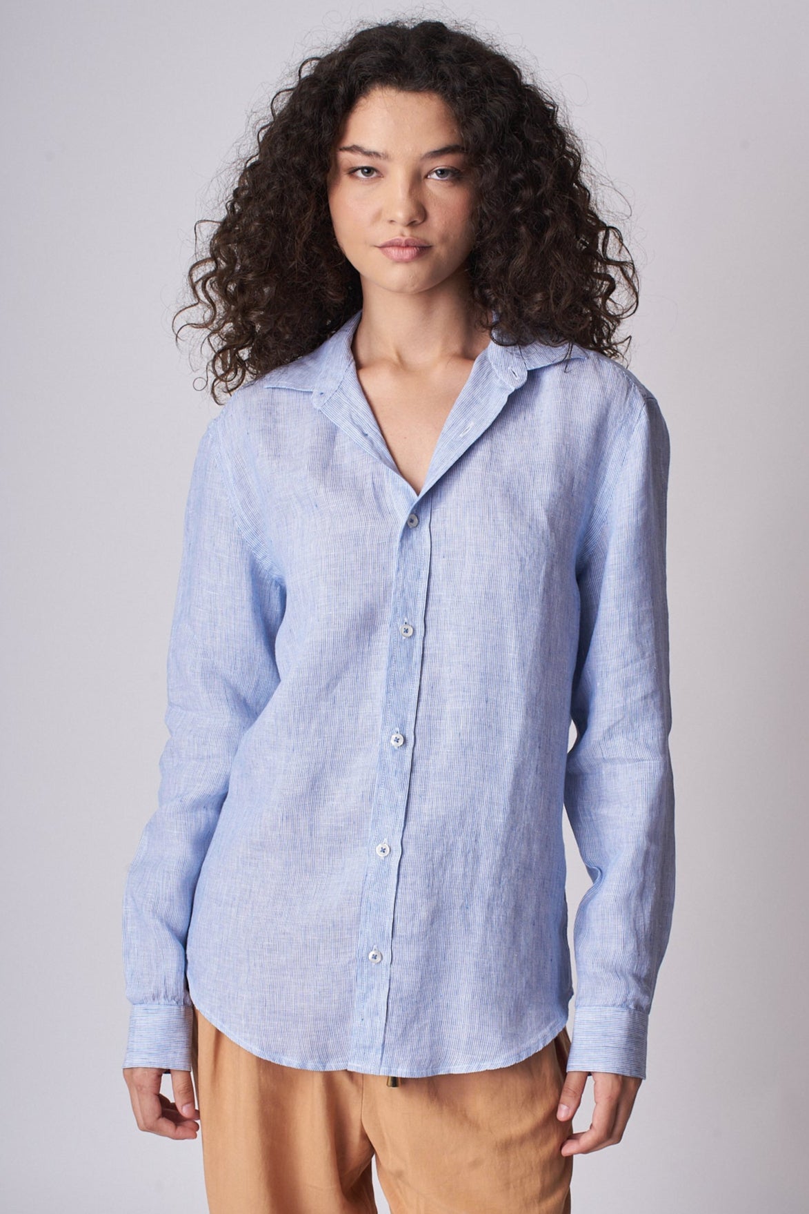 Camisa 100% Linho Listra Larga Azul ML