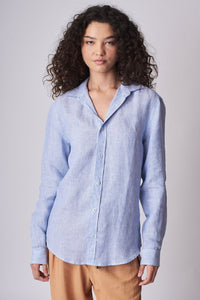 Camisa 100% Linho Listra Larga Azul ML
