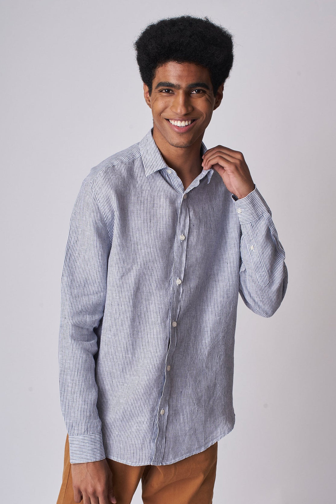 Camisa 100% Linho Listra Larga Azul Escuro ML