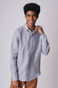Camisa 100% Linho Listra Larga Azul Escuro ML