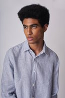 Camisa 100% Linho Listra Larga Azul Escuro ML