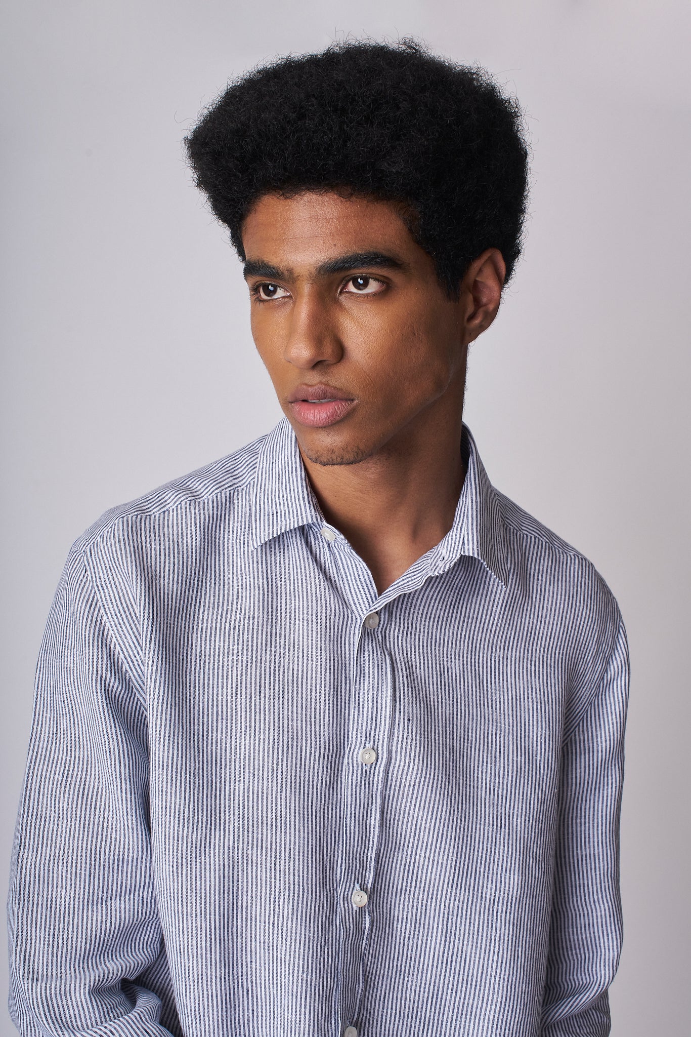 Camisa 100% Linho Listra Larga Azul Escuro ML