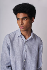 Camisa 100% Linho Listra Larga Azul Escuro ML