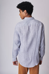 Camisa 100% Linho Listra Larga Azul Escuro ML