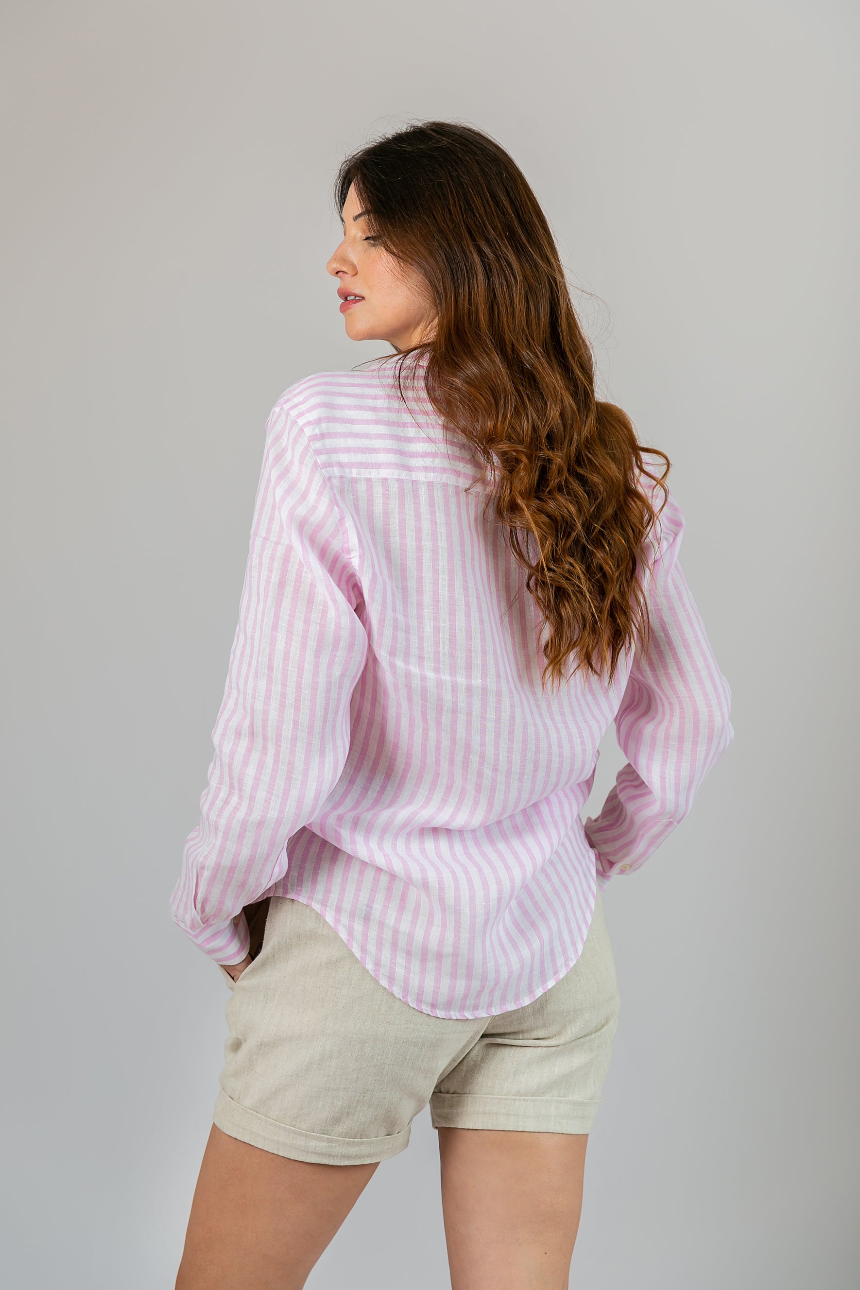 Camisa 100% Linho Amalfi Listra Rosa ML