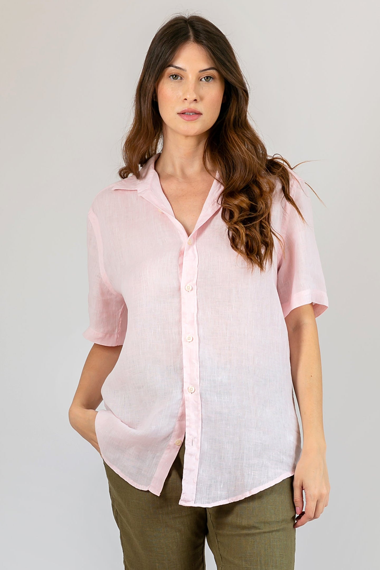 Camisa 100% Linho Lisa Rosa MC