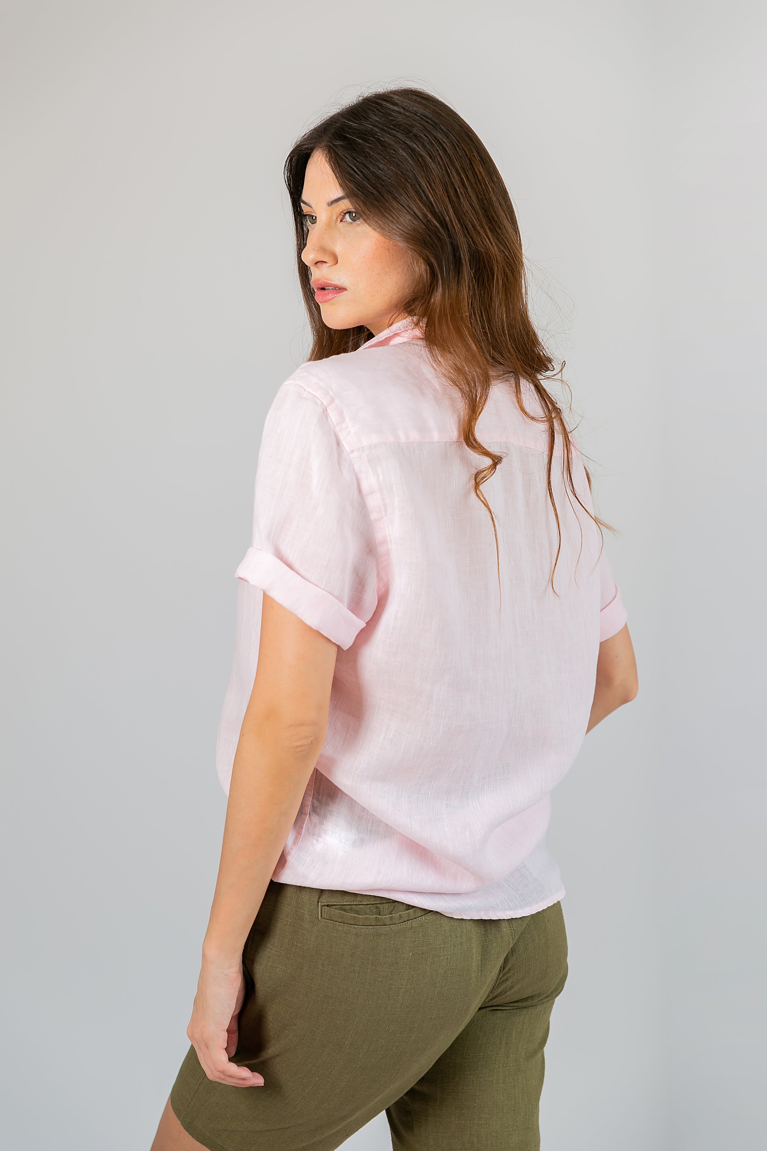 Camisa 100% Linho Lisa Rosa MC