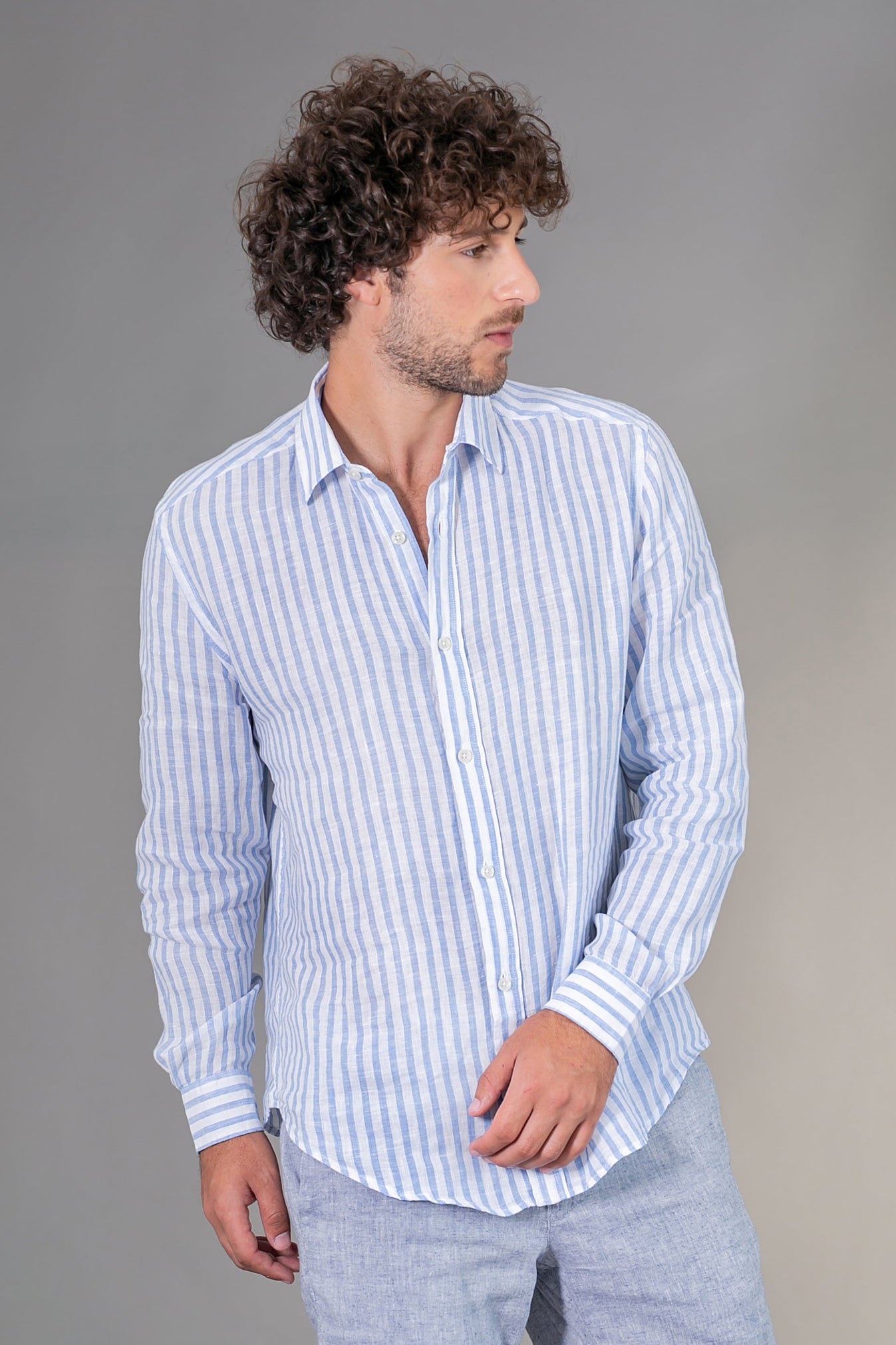 Camisa 100% Linho Amalfi Listra Celeste ML