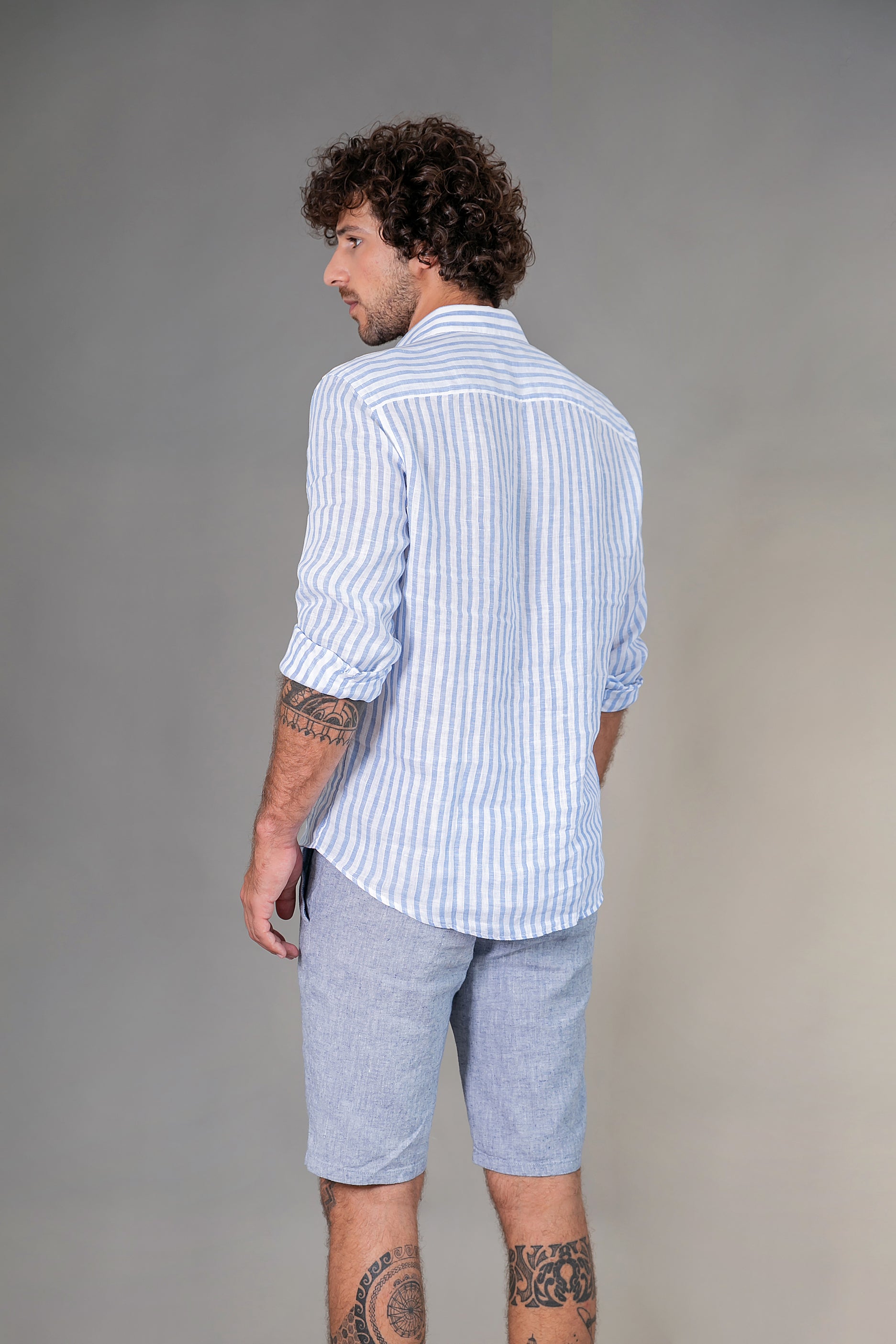 Camisa 100% Linho Amalfi Listra Celeste ML