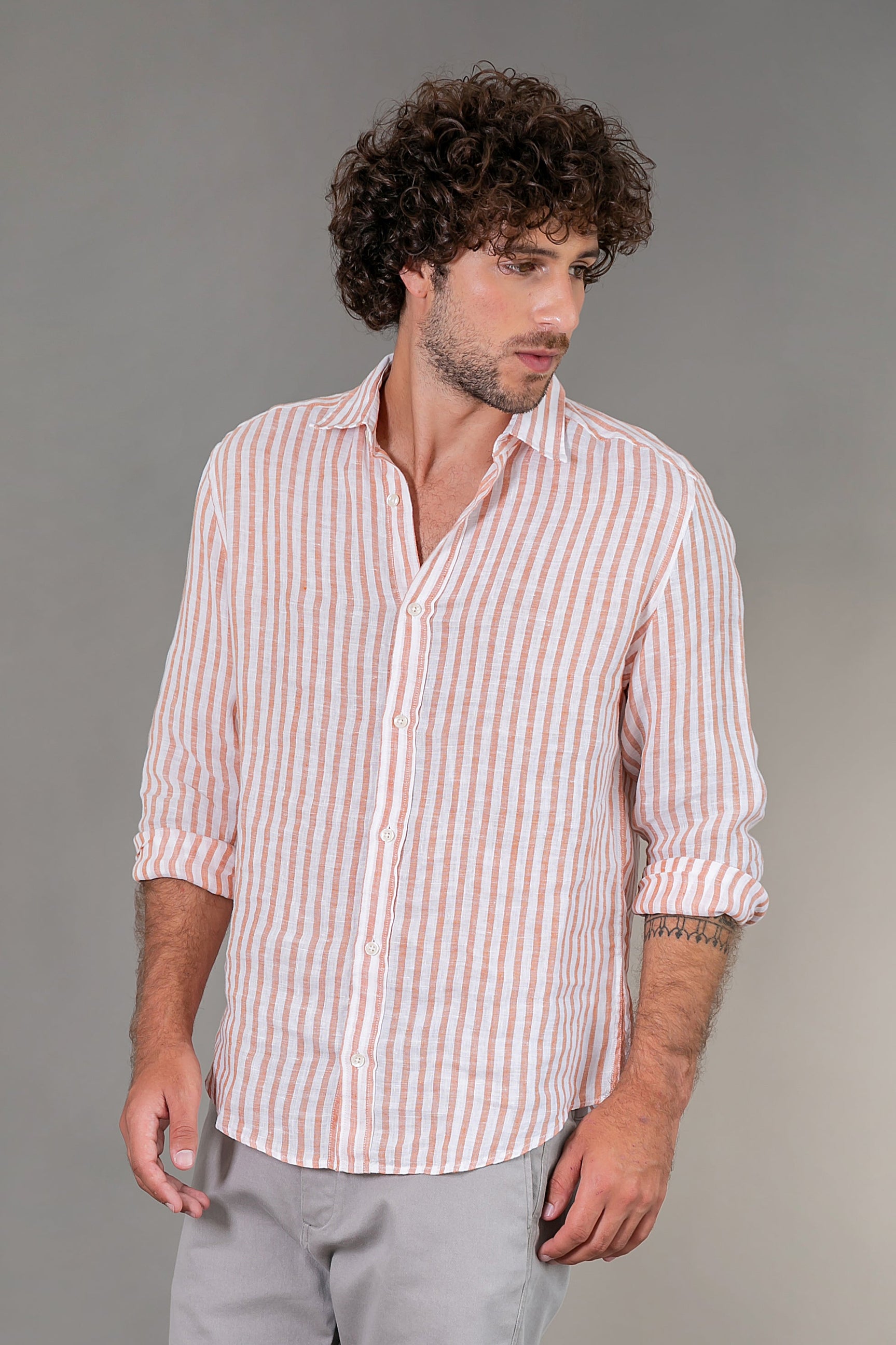 Camisa 100% Linho Amalfi Listra Coral ML
