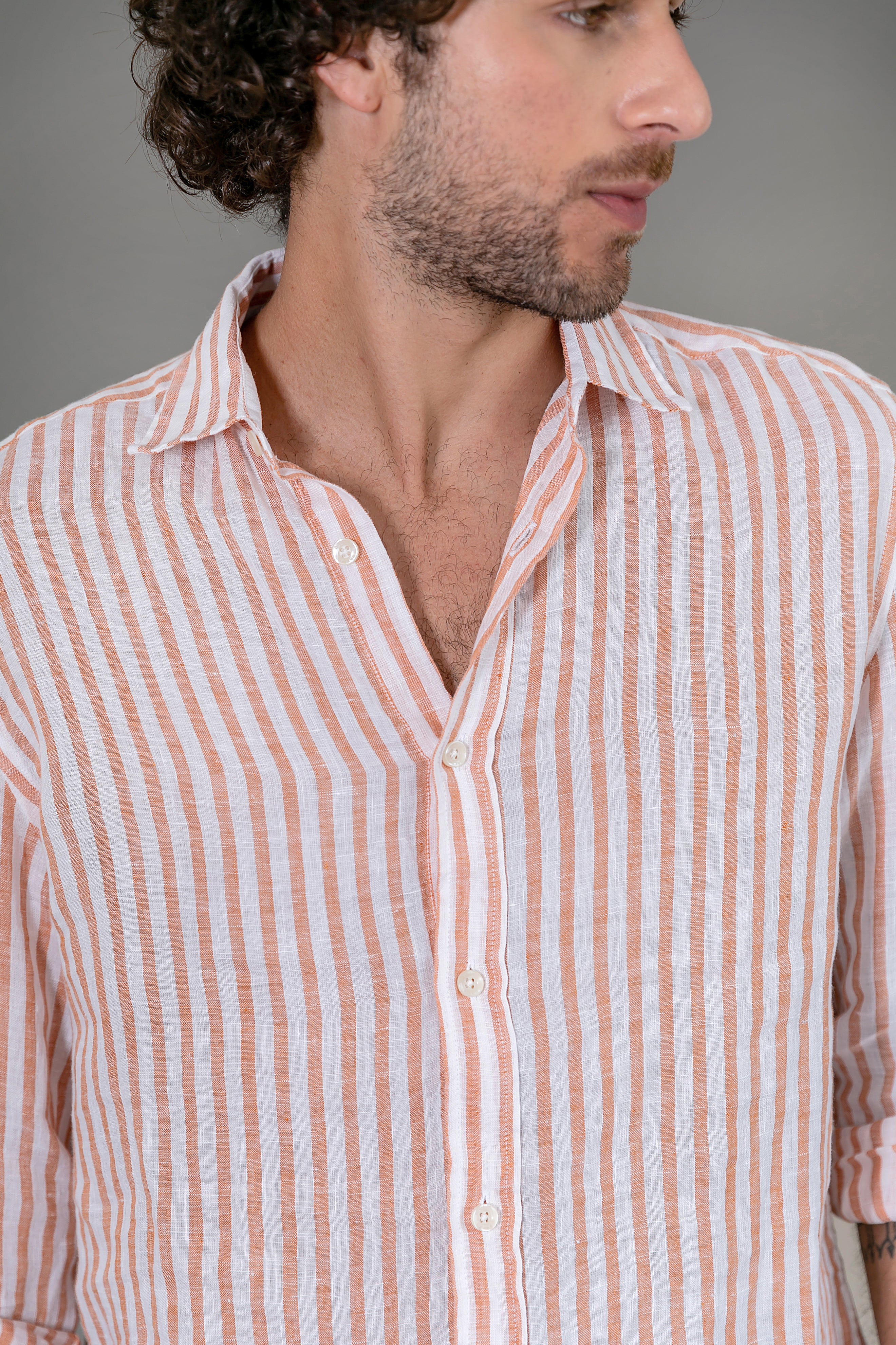Camisa 100% Linho Amalfi Listra Coral ML