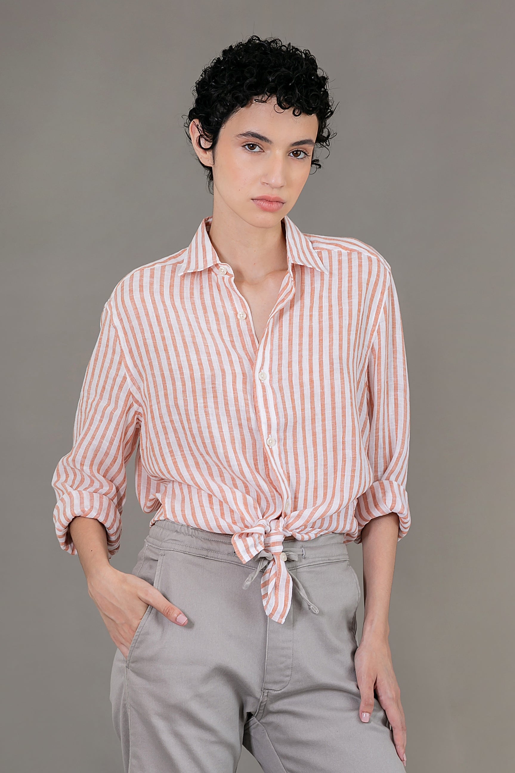 Camisa 100% Linho Amalfi Listra Coral ML
