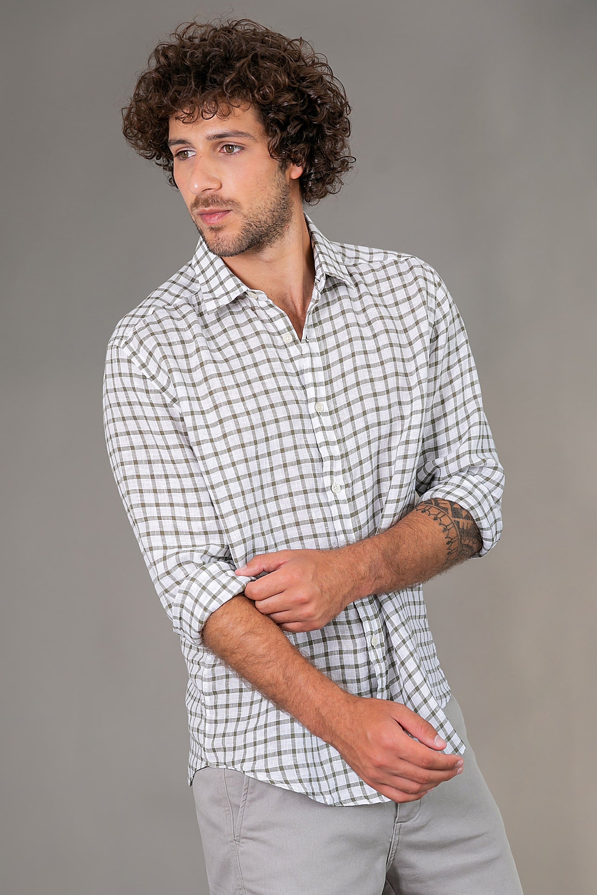 Camisa 100% Linho Amalfi Xadrez Verde ML