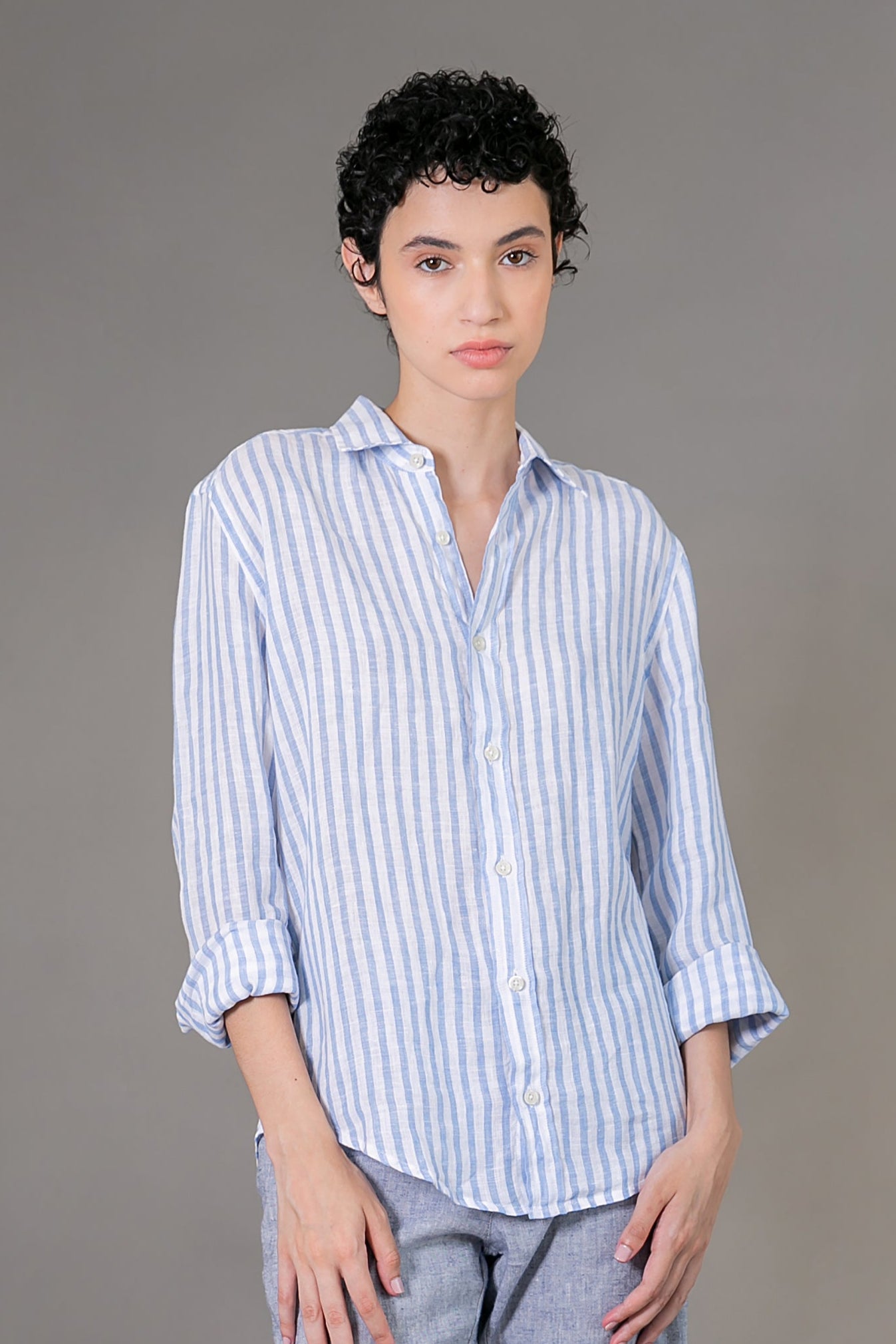 Camisa 100% Linho Amalfi Listra Celeste ML