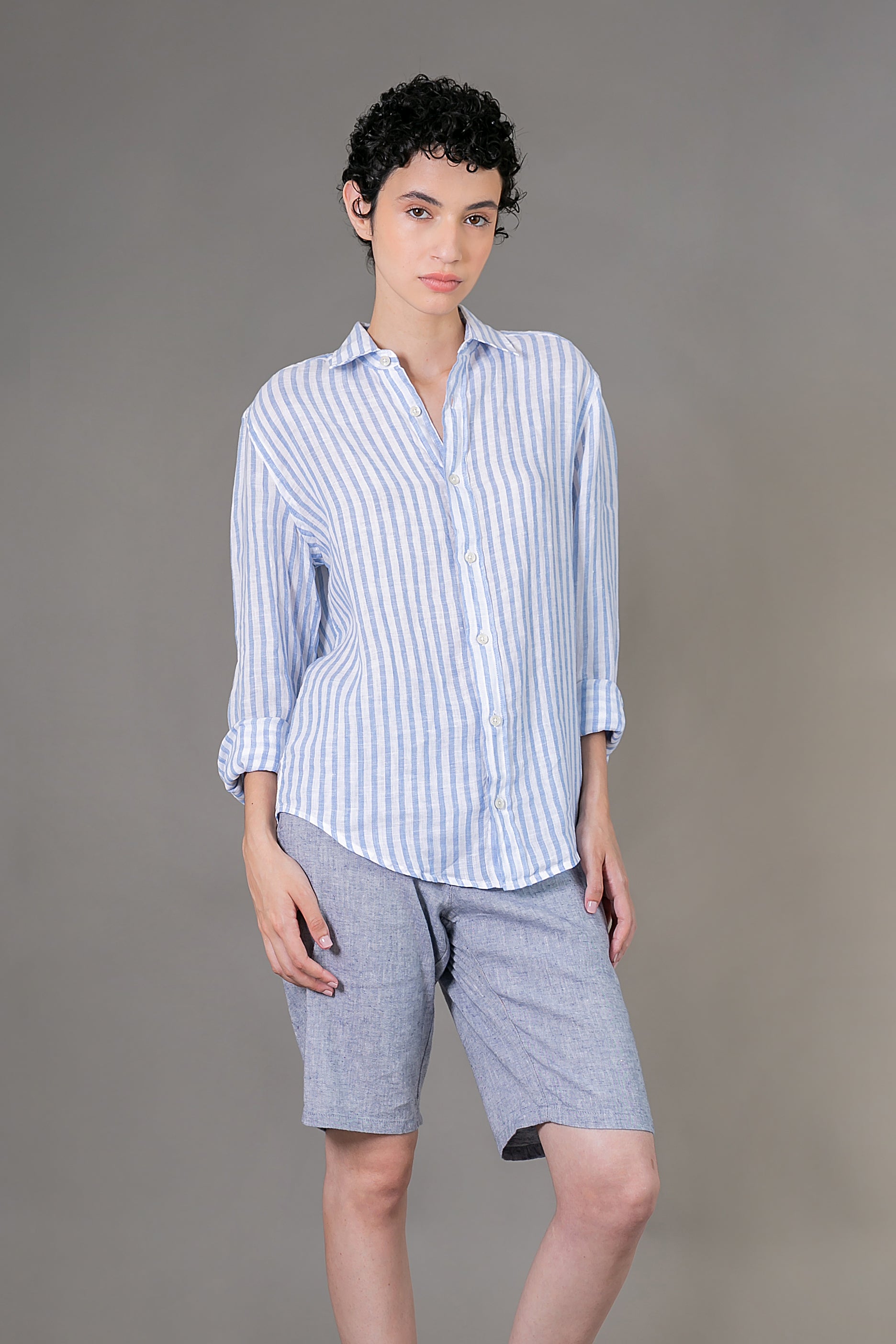 Camisa 100% Linho Amalfi Listra Celeste ML