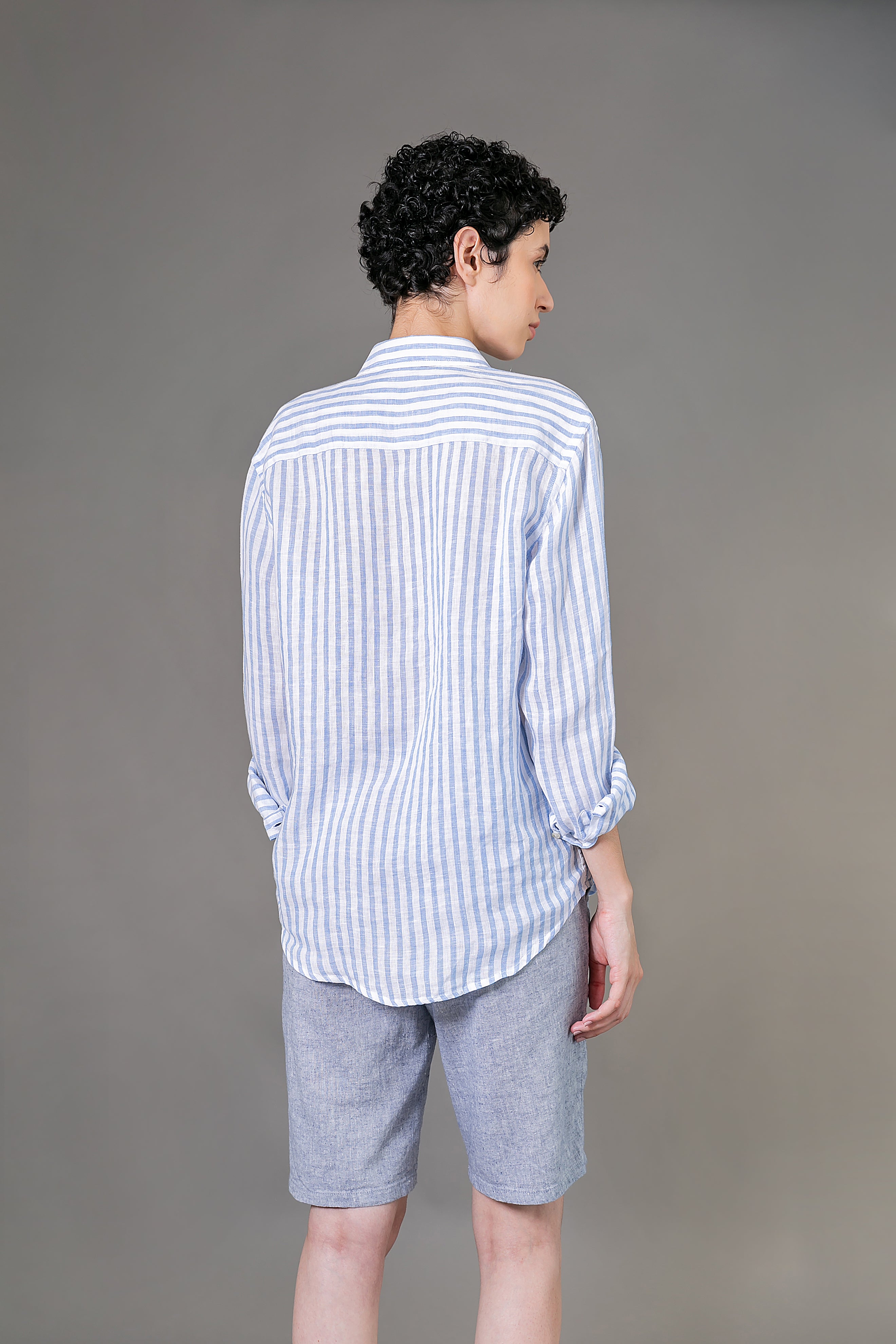 Camisa 100% Linho Amalfi Listra Celeste ML