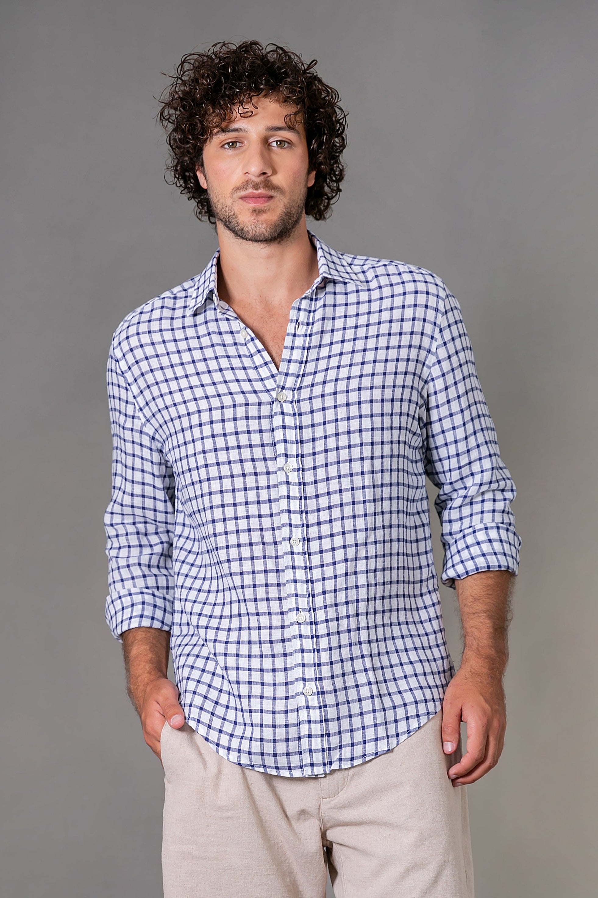Camisa 100% Linho Amalfi Xadrez Azul ML