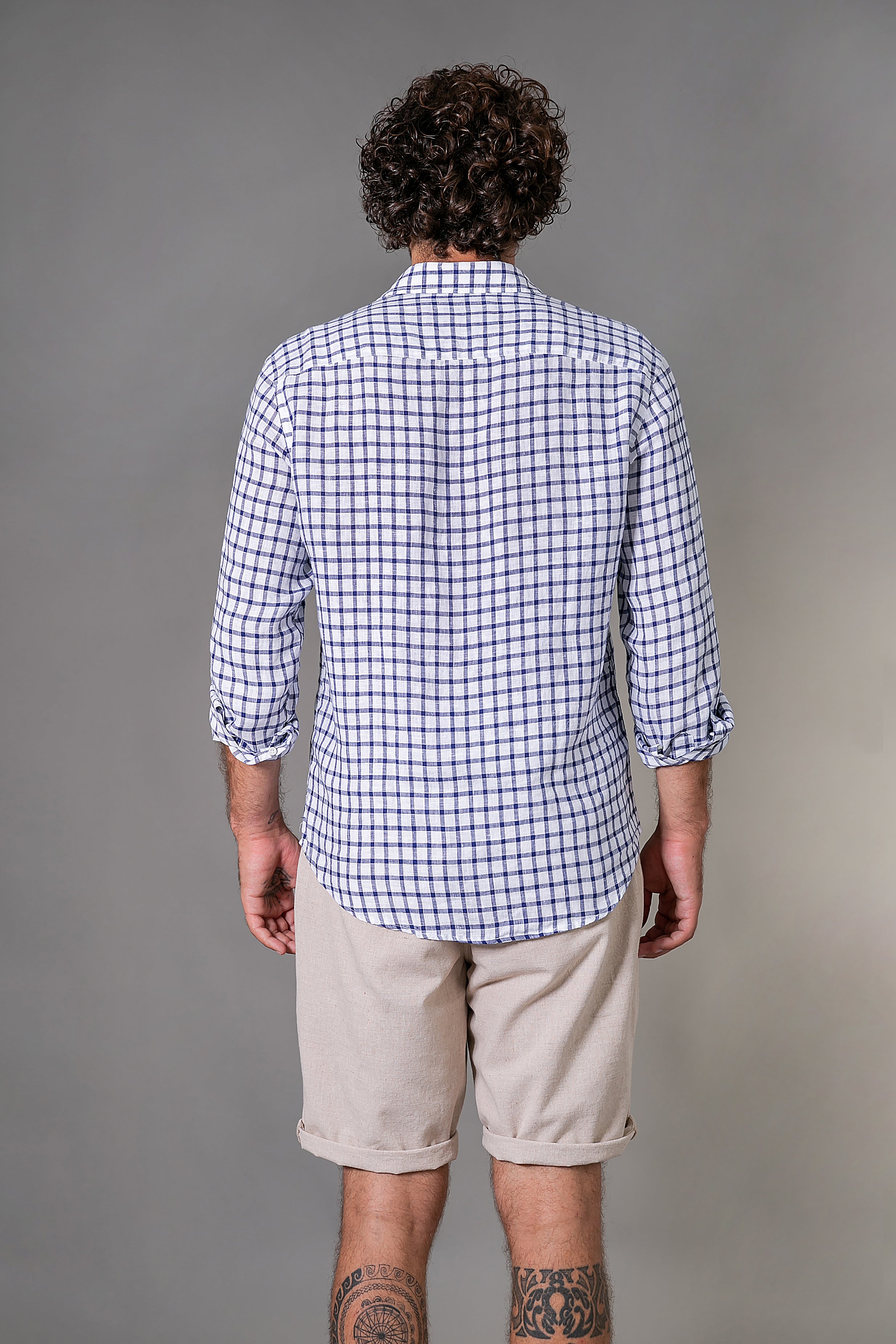 Camisa 100% Linho Amalfi Xadrez Azul ML