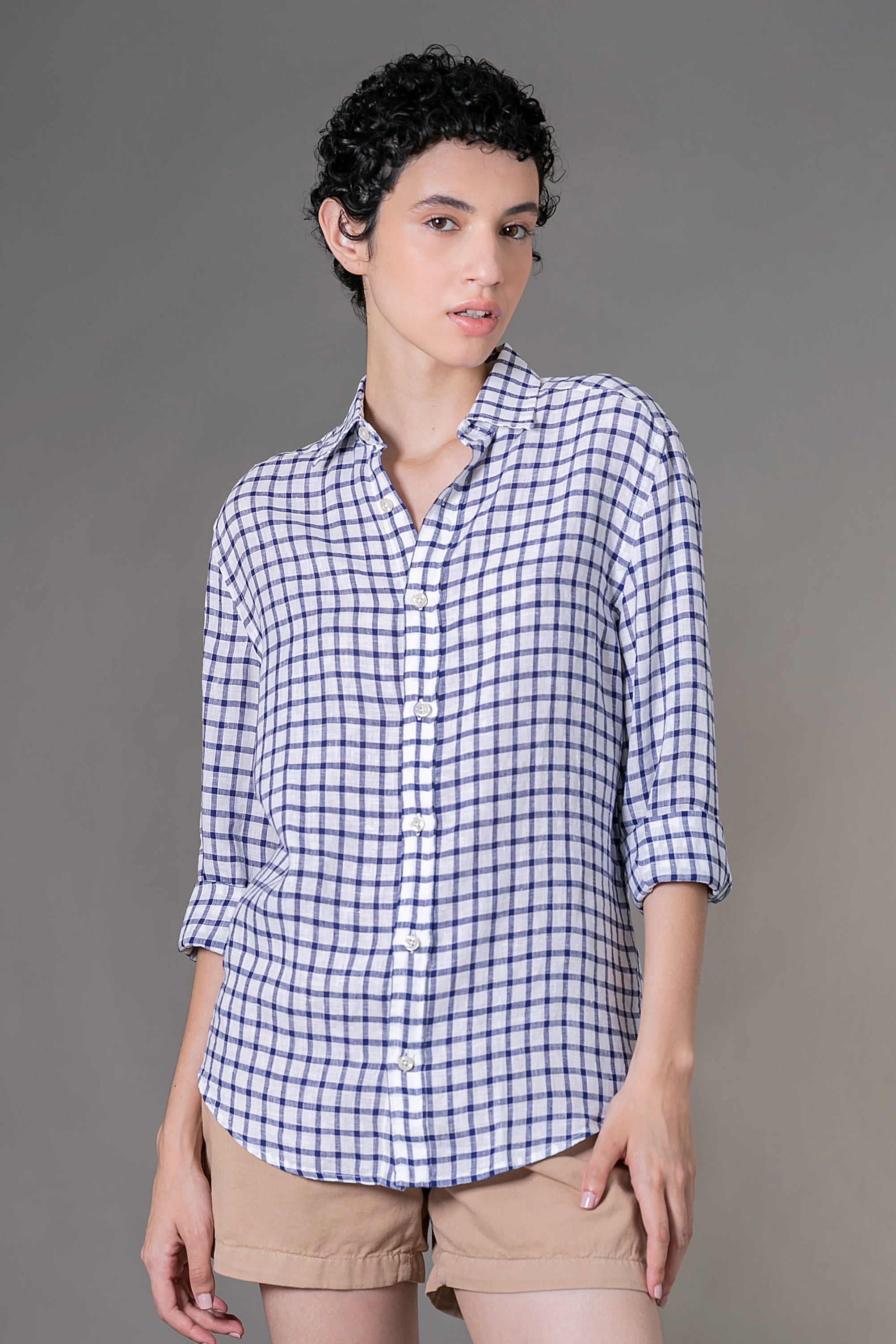 Camisa 100% Linho Amalfi Xadrez Azul ML
