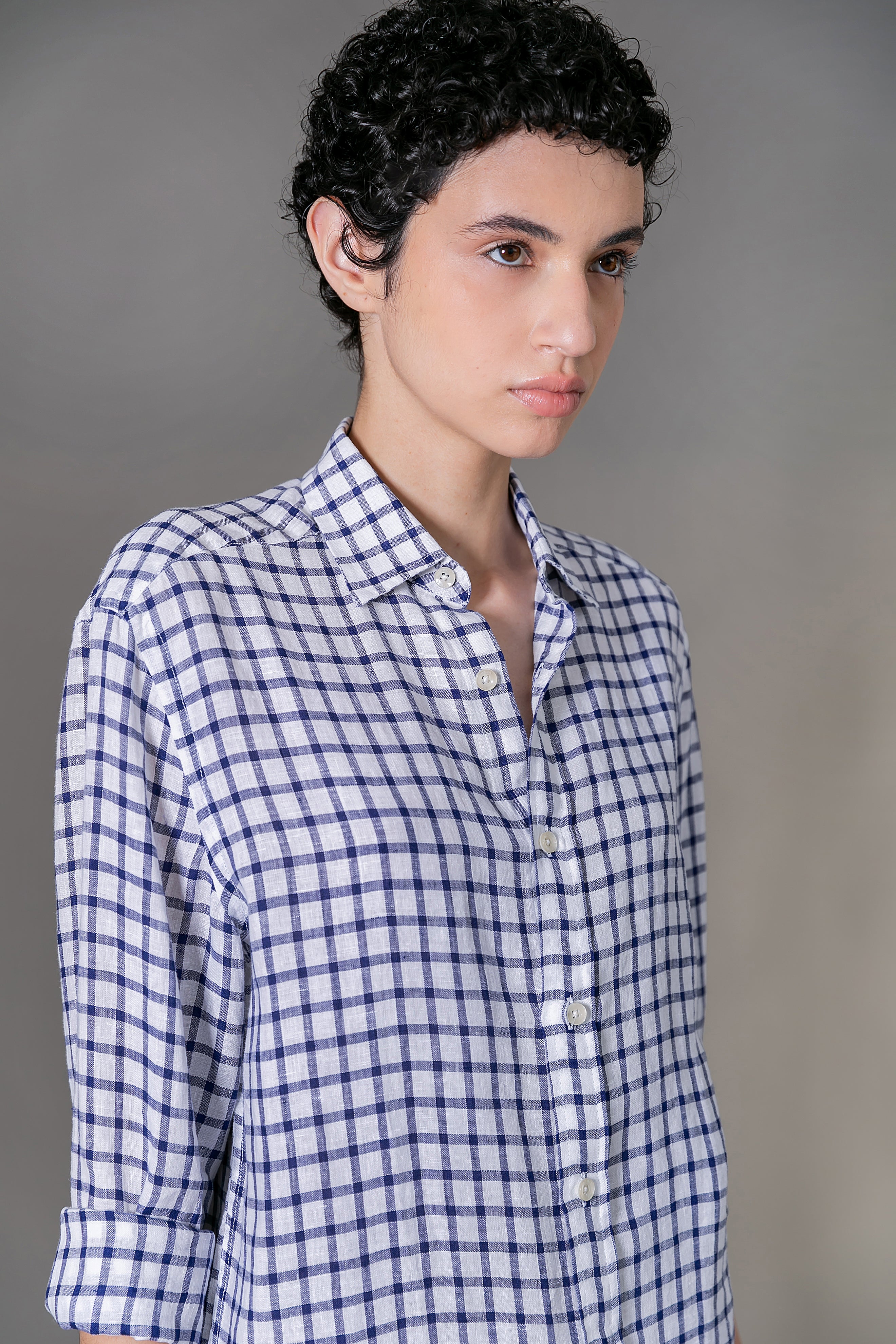 Camisa 100% Linho Amalfi Xadrez Azul ML