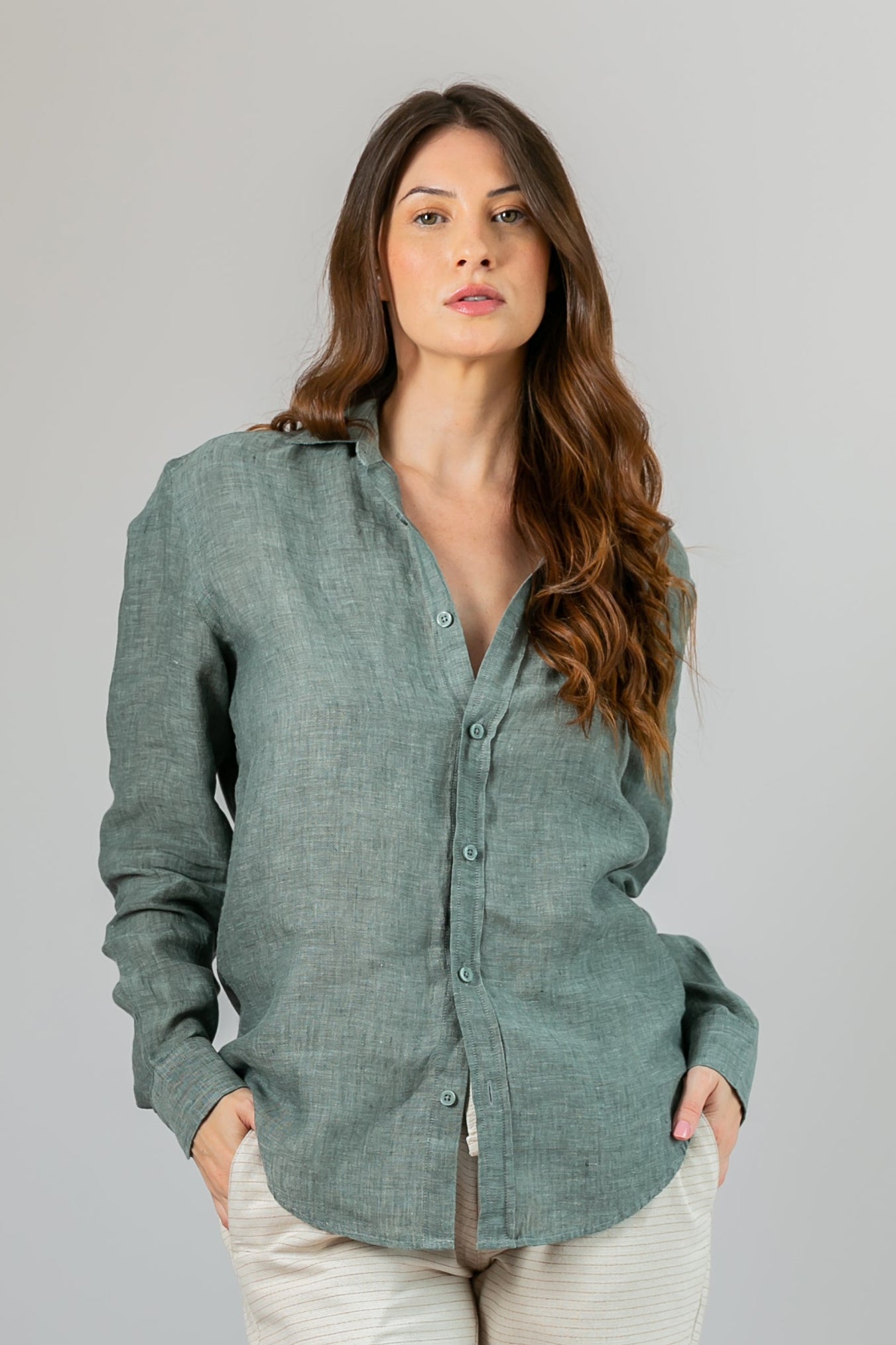 Camisa 100% Linho Lisa Verde Oliva ML