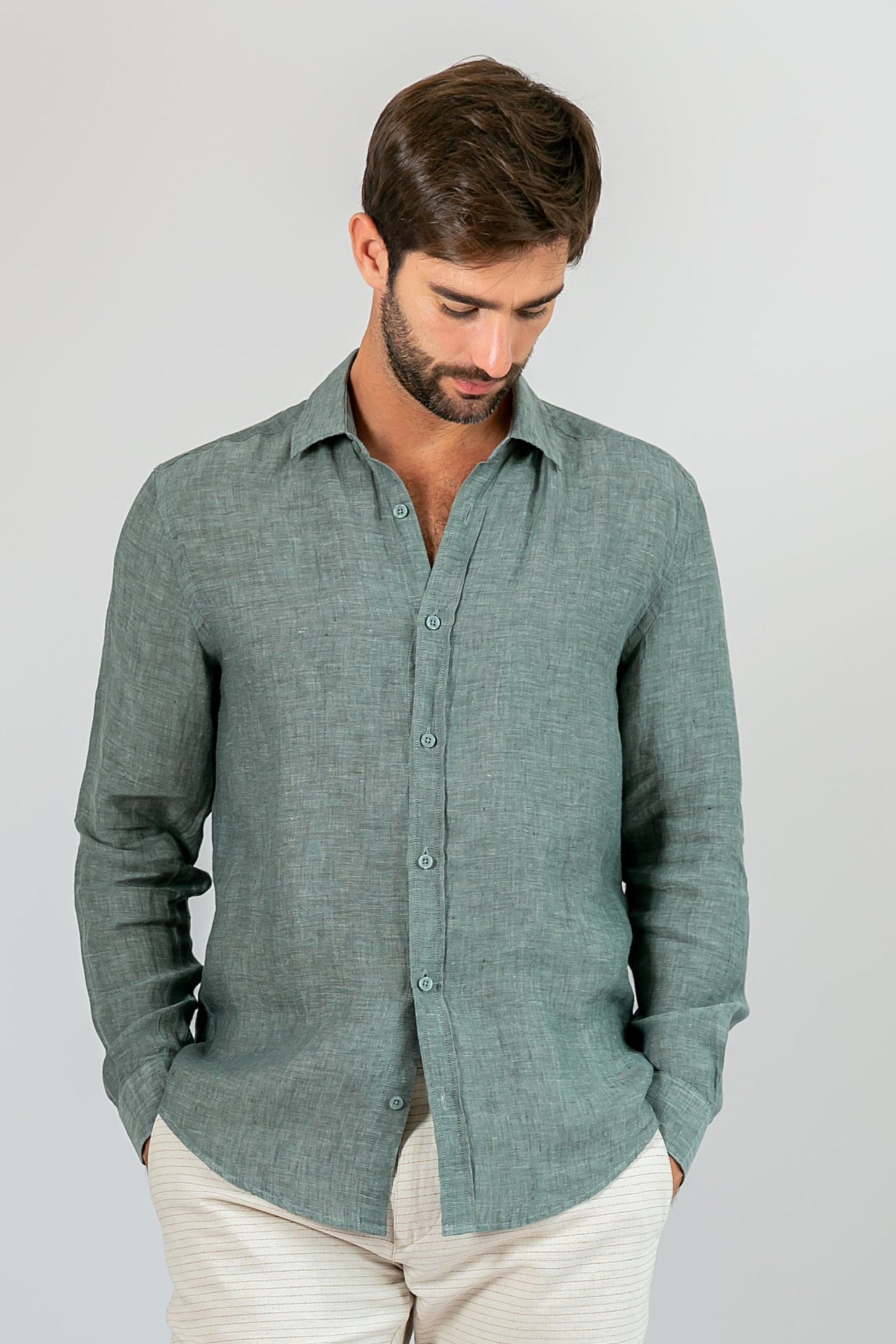 Camisa 100% Linho Lisa Verde Oliva ML