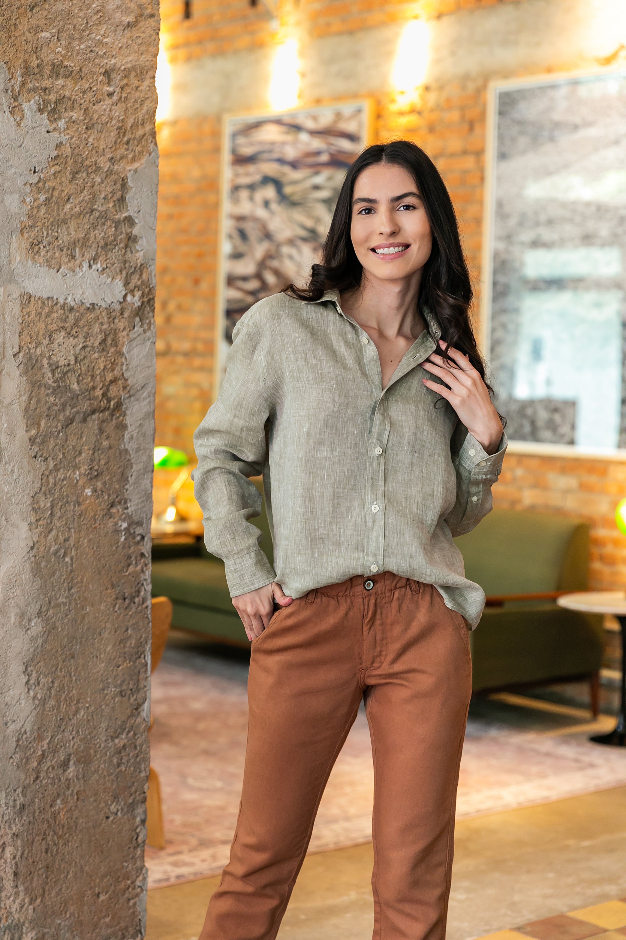 Camisa 100% Linho Lisa Verde ML