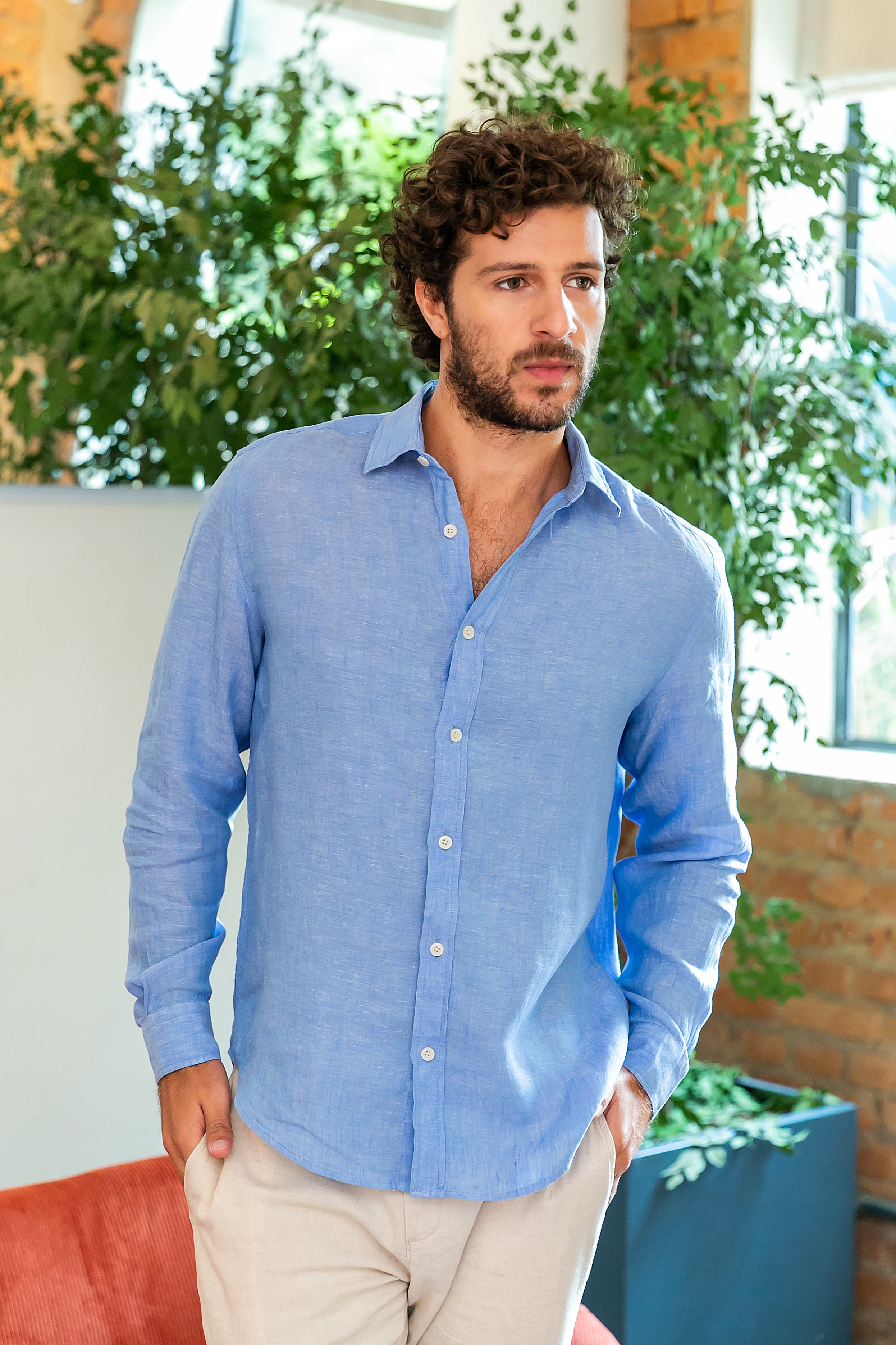 Camisa 100% Linho Lisa Azul Celeste ML