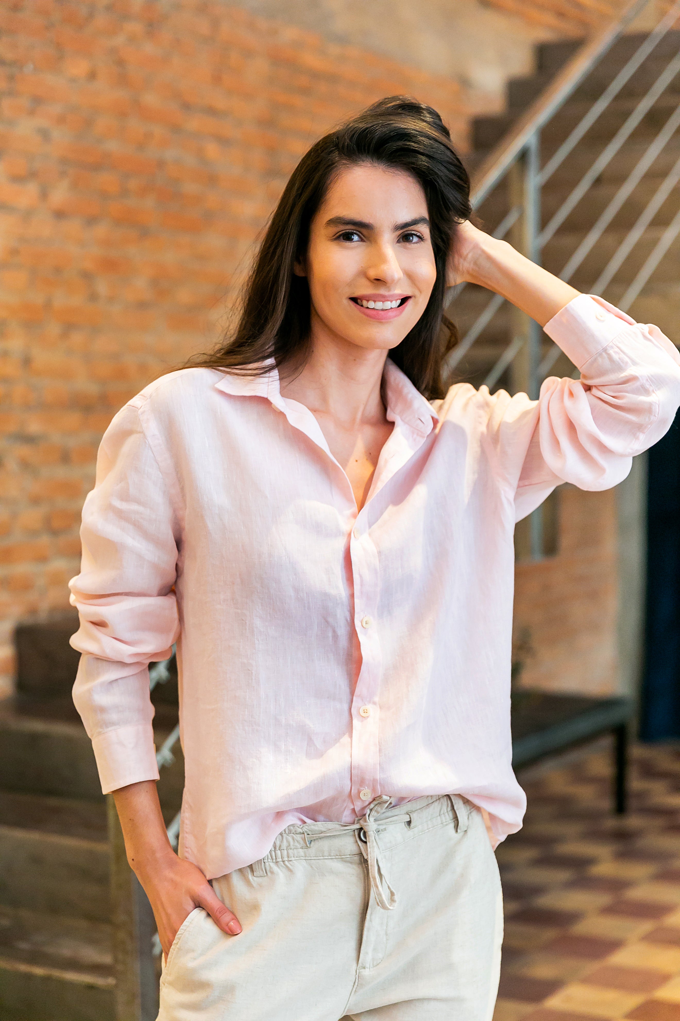 Camisa 100% Linho Lisa Rosa ML