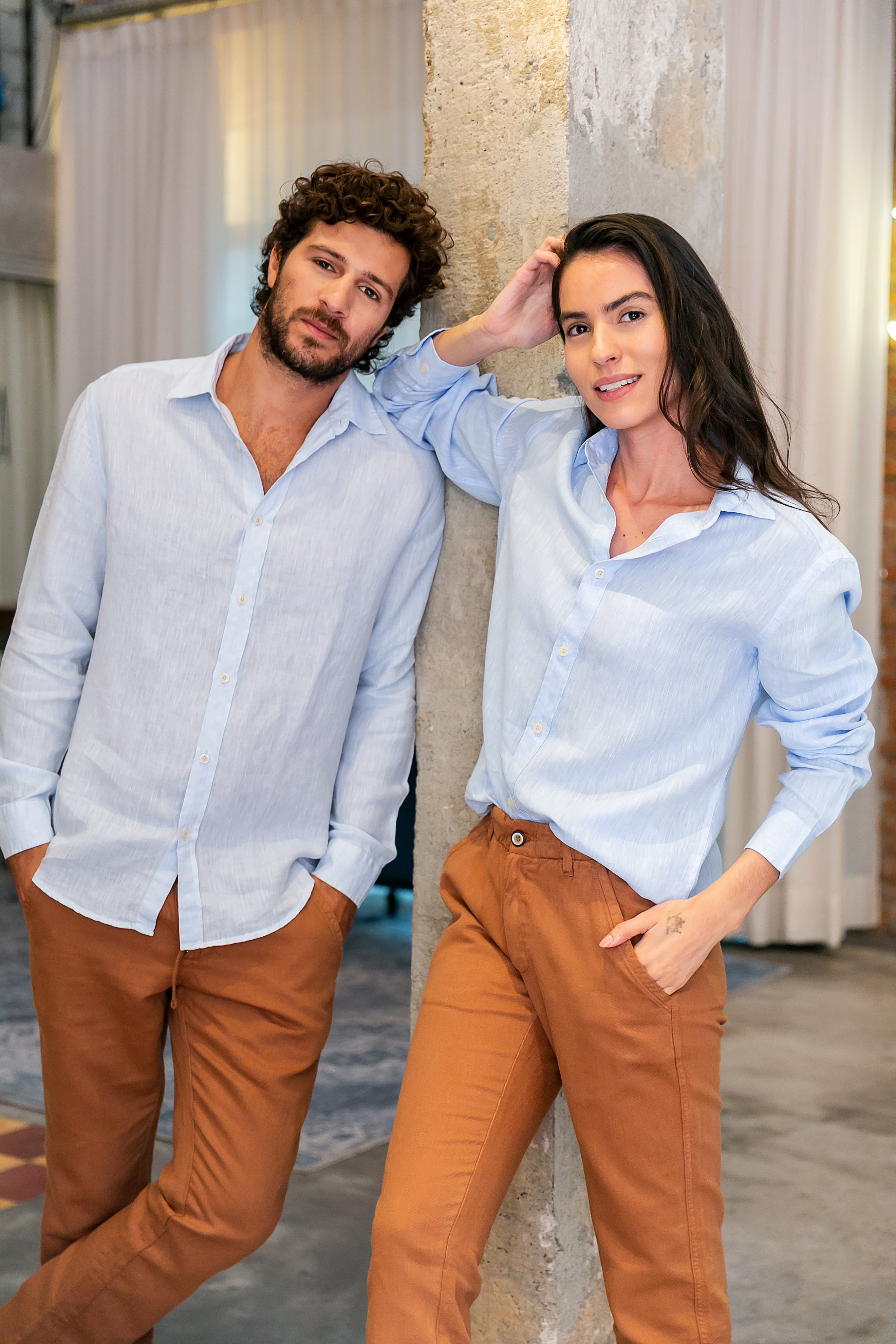 Camisa 100% Linho Lisa Azul Clara ML