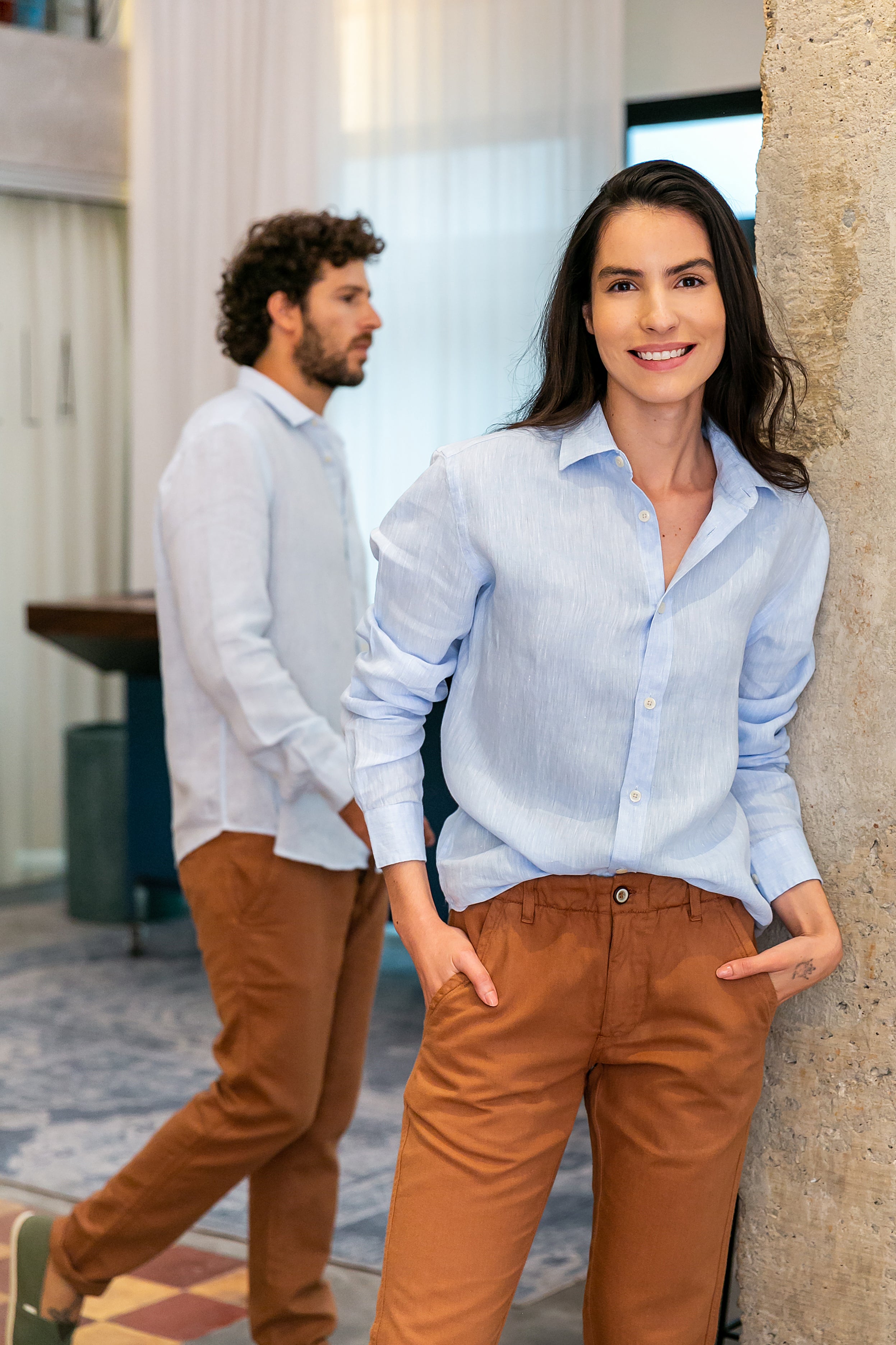 Camisa 100% Linho Lisa Azul Clara ML