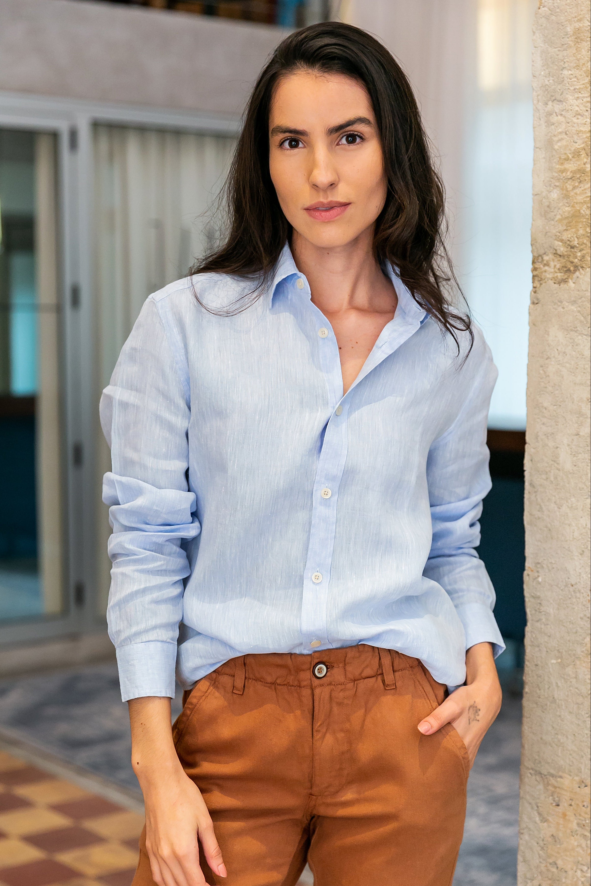 Camisa 100% Linho Lisa Azul Clara ML