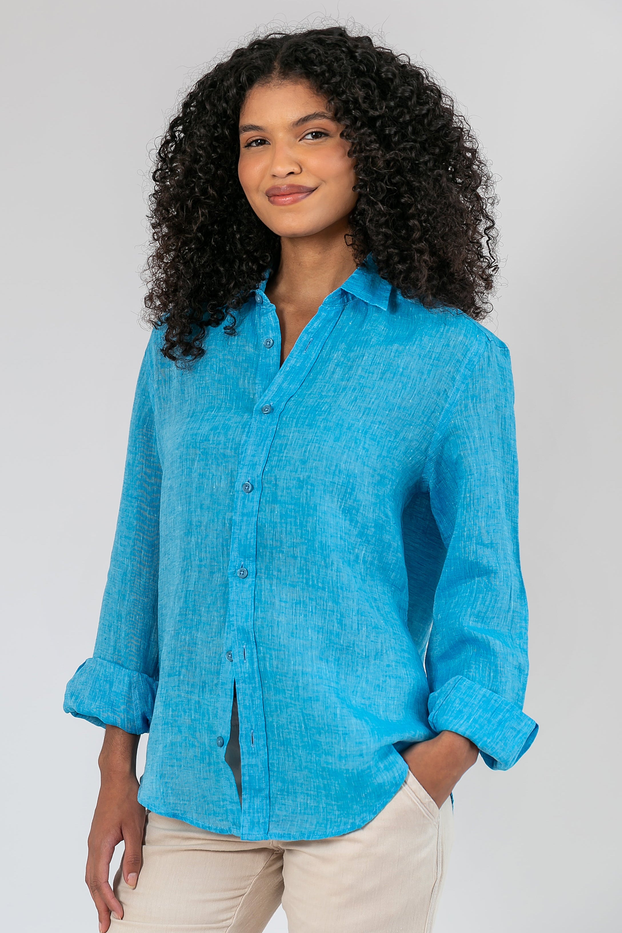 Camisa 100% Linho Lisa Azul Turquesa ML