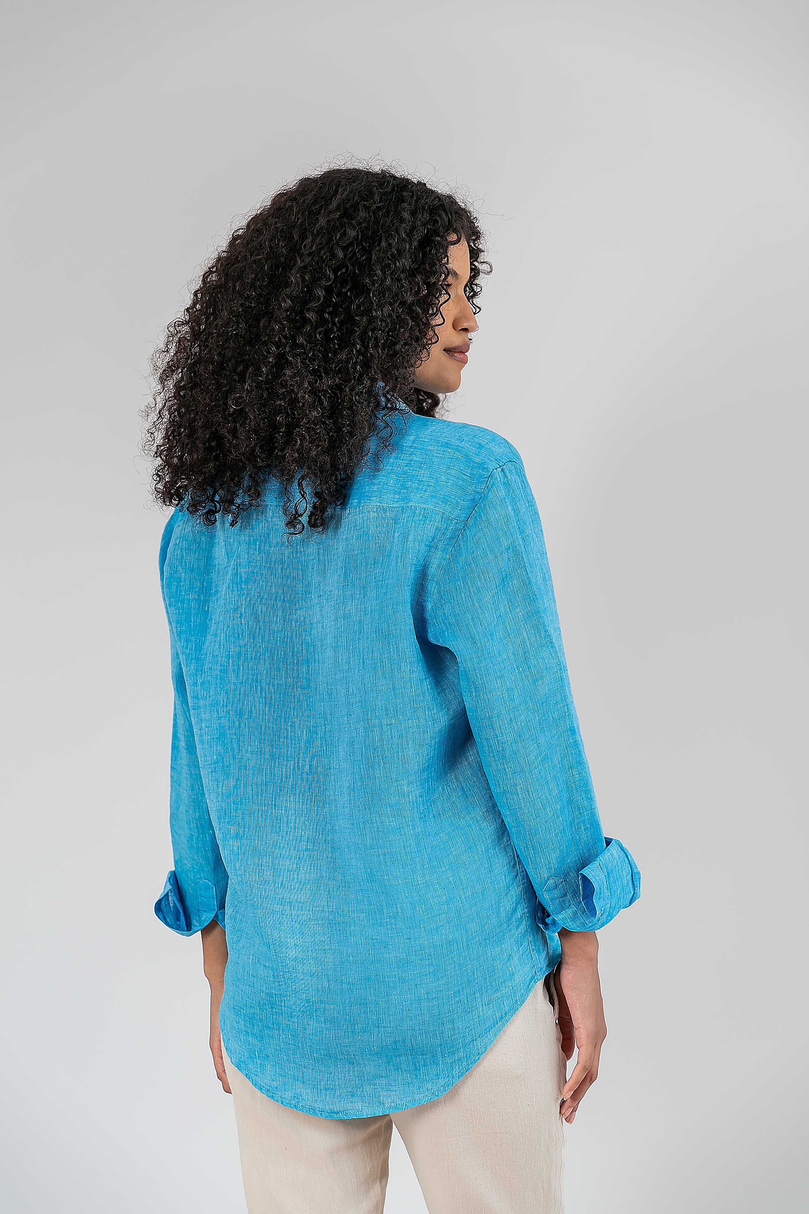 Camisa 100% Linho Lisa Azul Turquesa ML