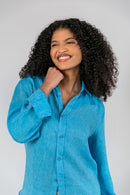 Camisa 100% Linho Lisa Azul Turquesa ML