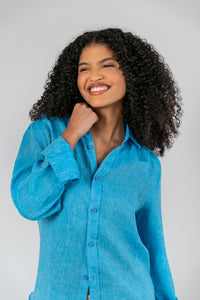 Camisa 100% Linho Lisa Azul Turquesa ML