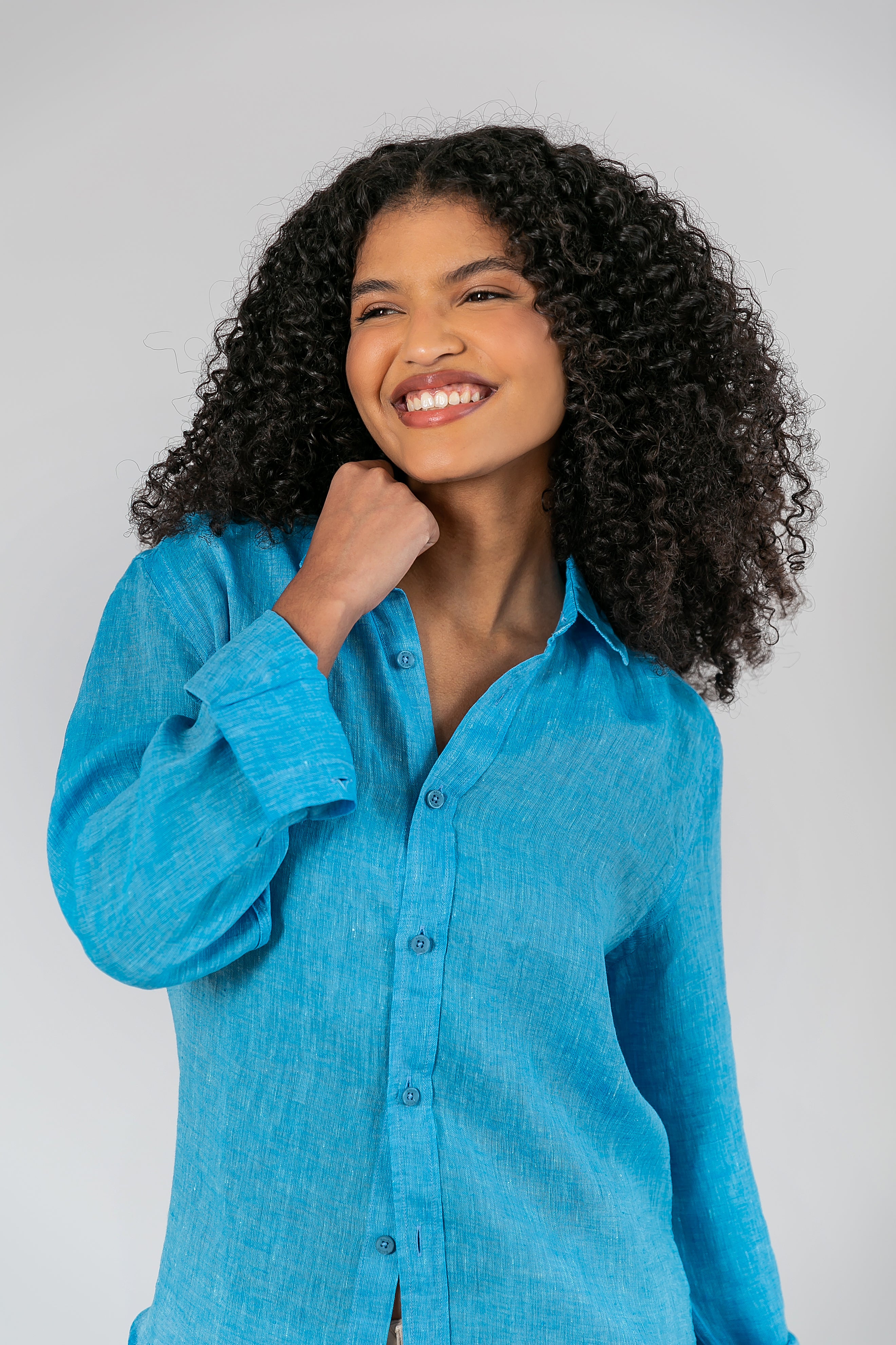 Camisa 100% Linho Lisa Azul Turquesa ML