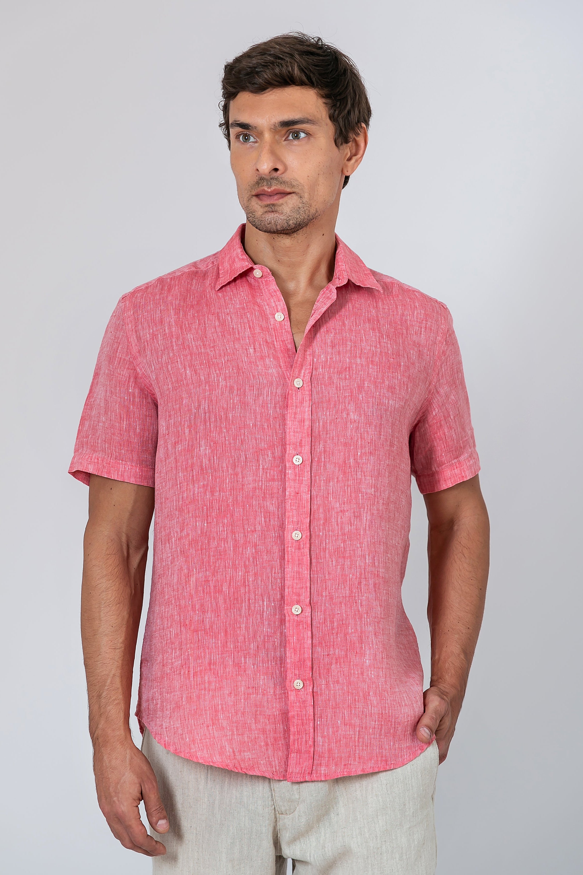 Camisa 100% Linho Lisa Vermelha MC