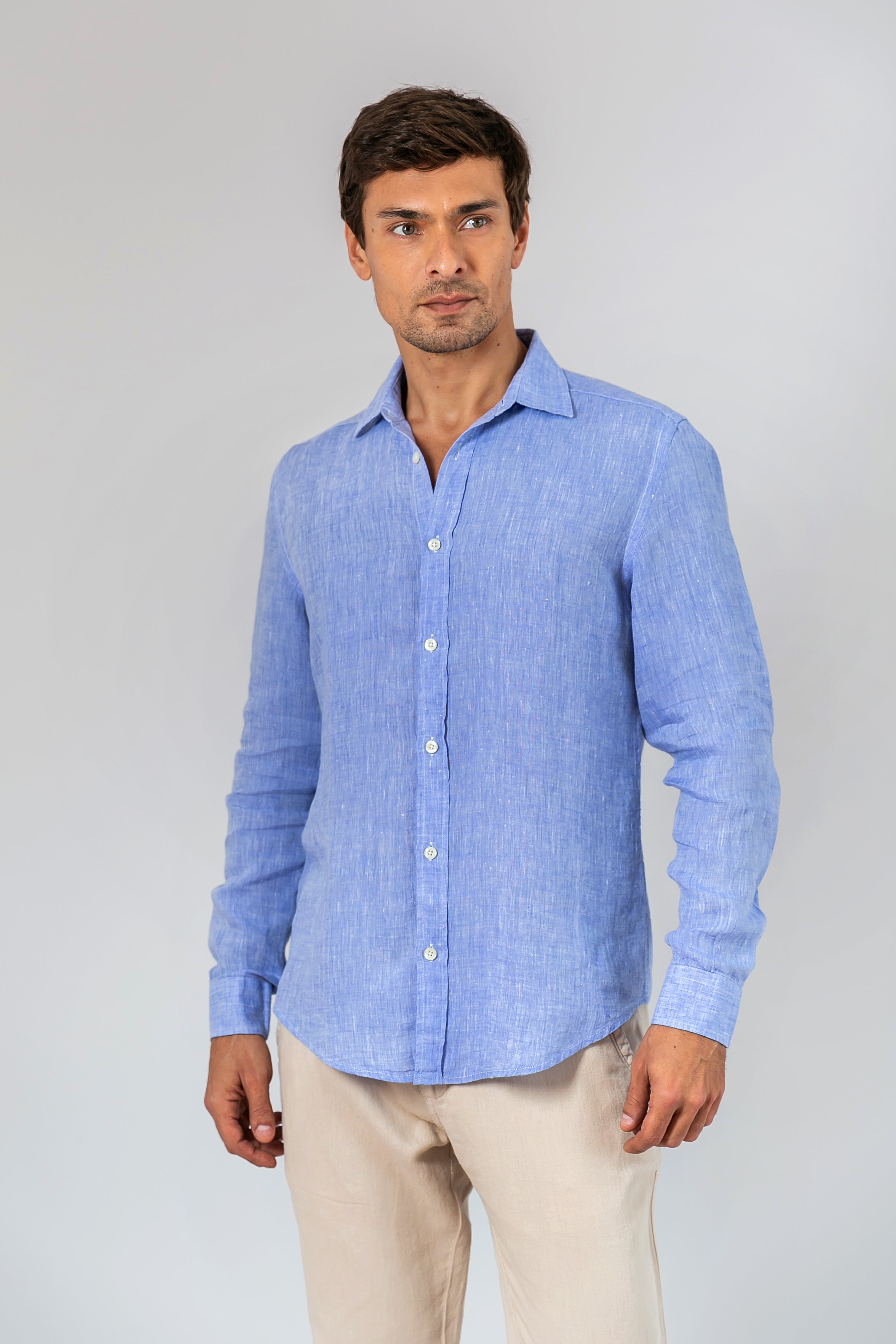 Camisa 100% Linho Lisa Azul Mescla ML