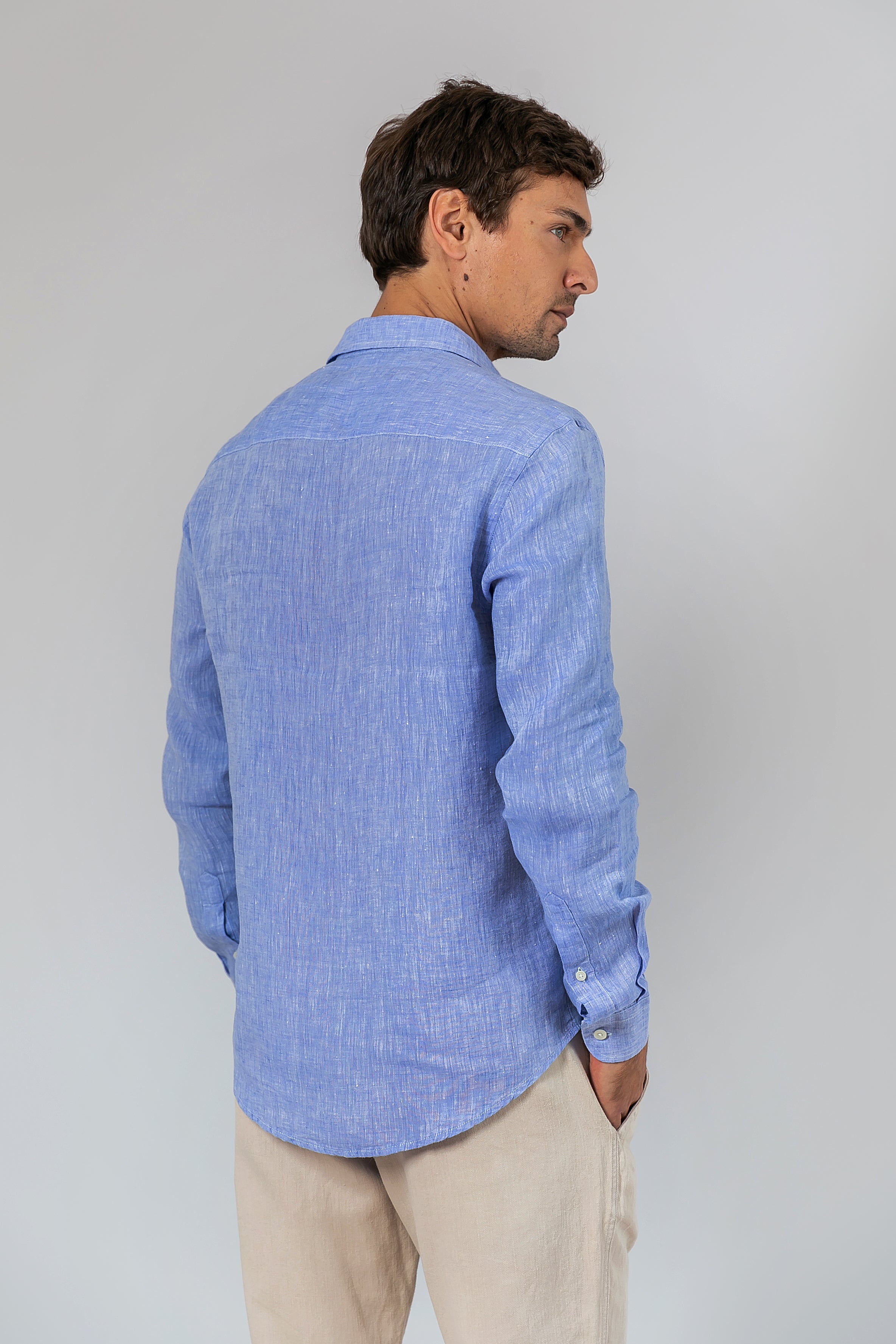 Camisa 100% Linho Lisa Azul Mescla ML