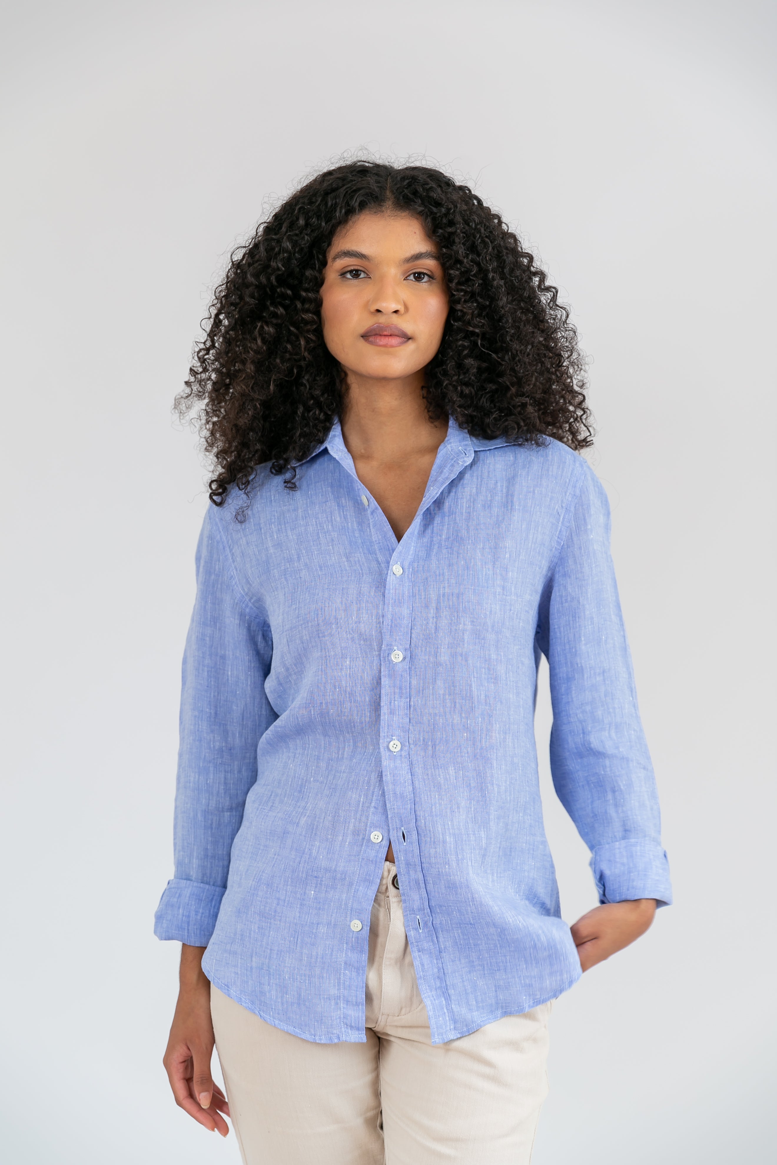 Camisa 100% Linho Lisa Azul Mescla ML