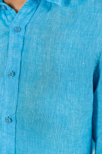 Camisa 100% Linho Lisa Azul Turquesa ML