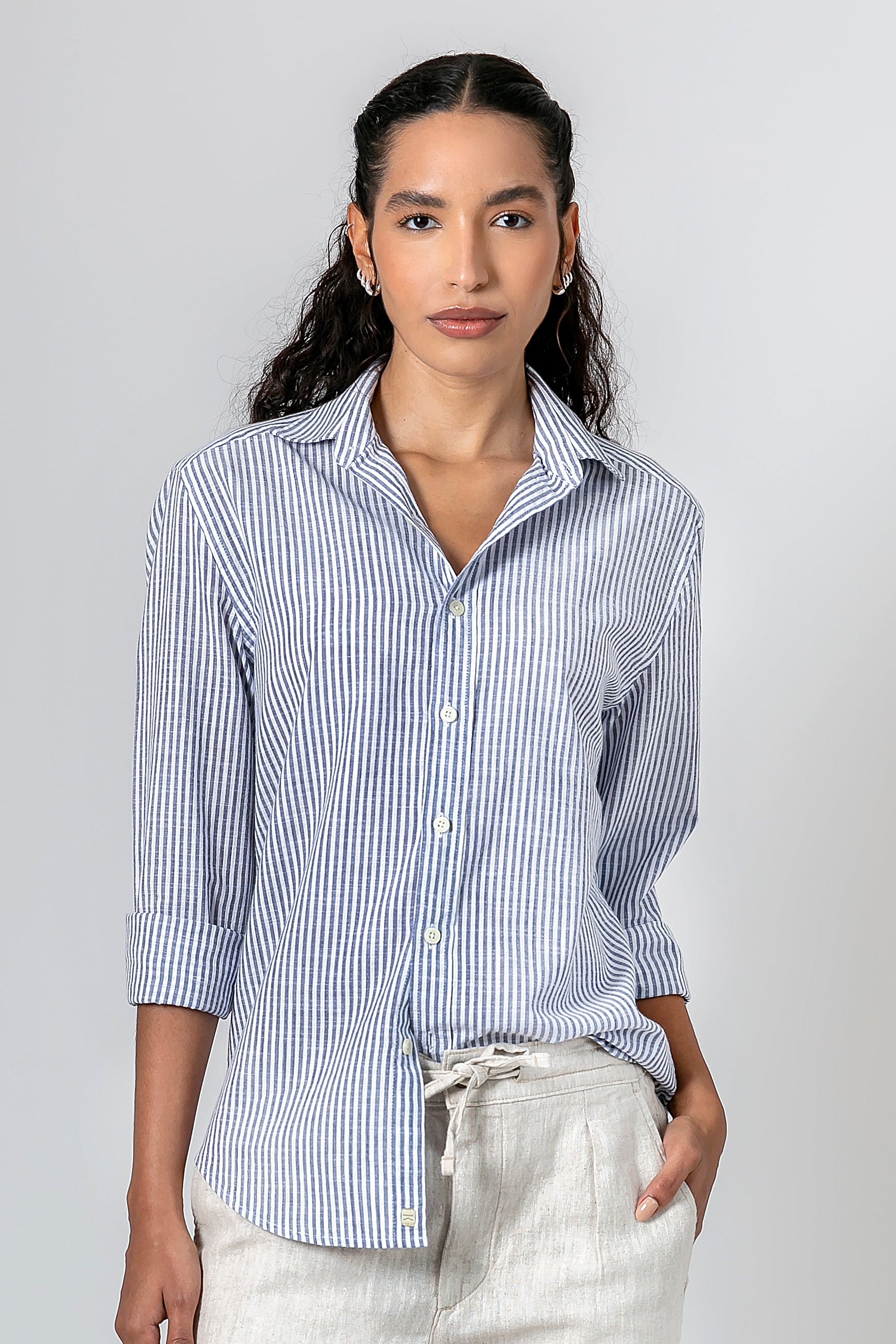 Camisa Algodão Listrada Marinho ML