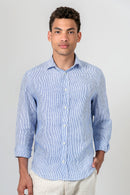 Camisa 100% Linho Listra Larga Azul ML