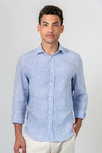 Camisa 100% Linho Listra Larga Azul ML