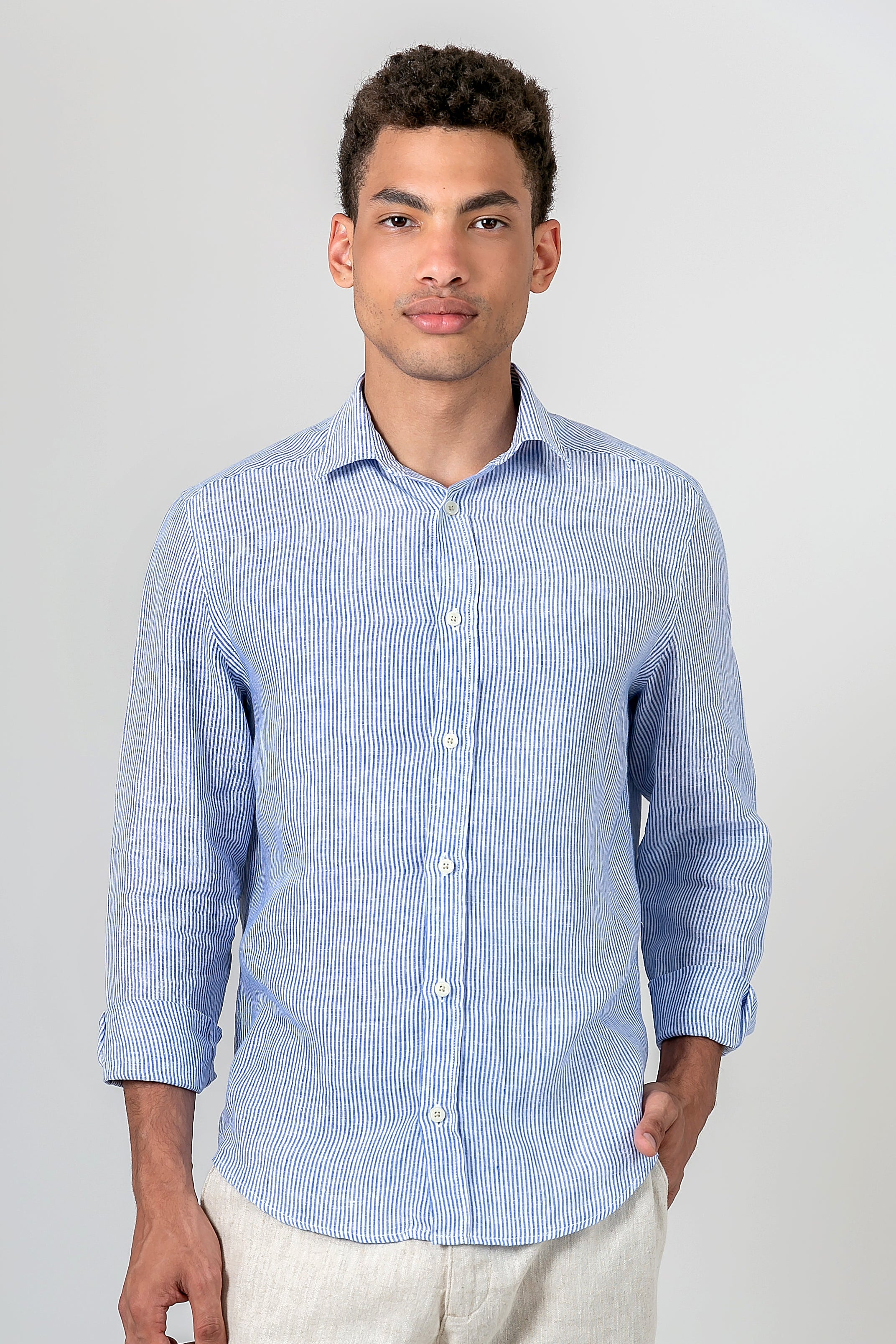 Camisa 100% Linho Listra Larga Azul ML