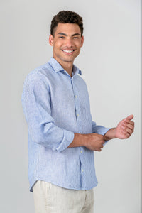 Camisa 100% Linho Listra Larga Azul ML