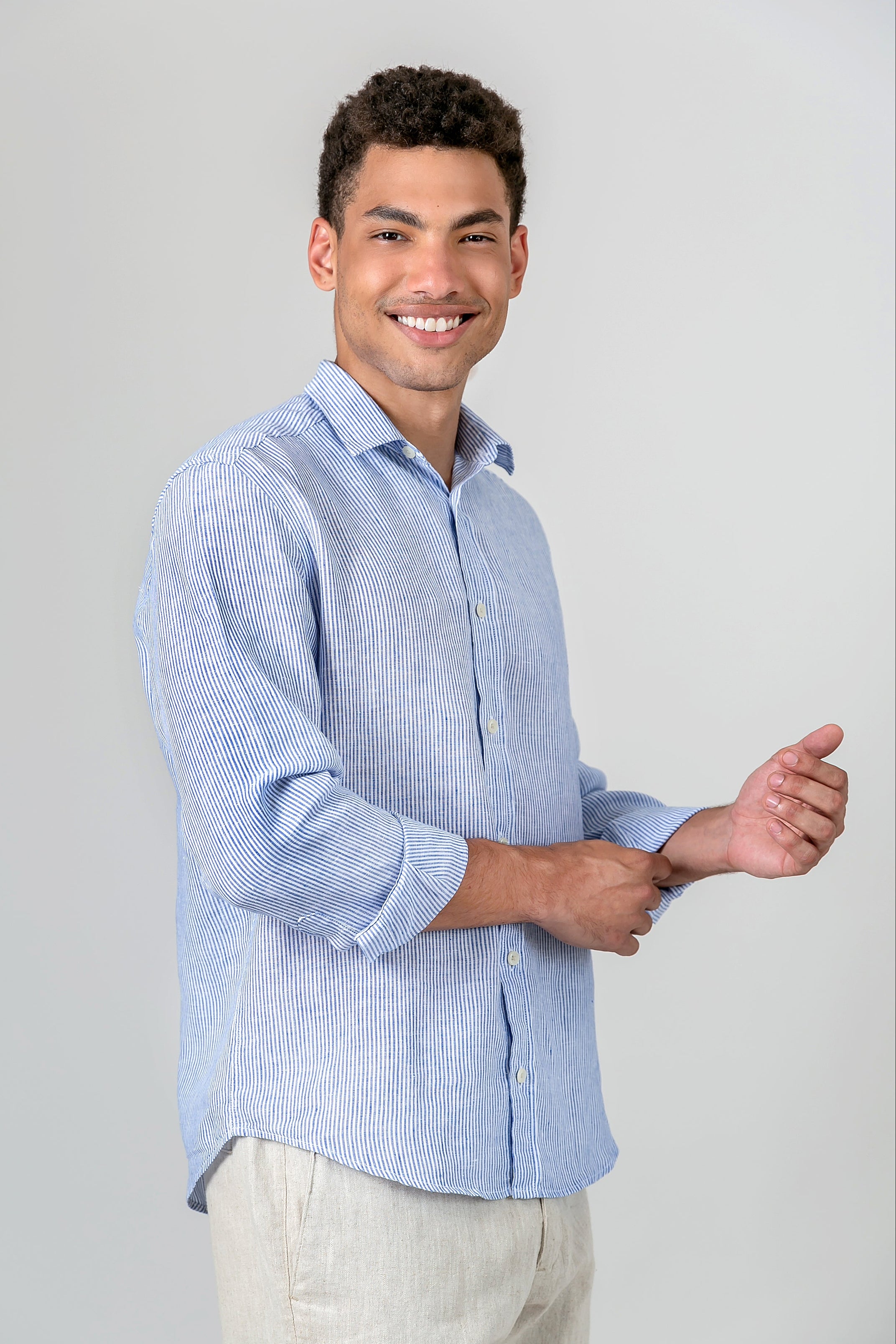 Camisa 100% Linho Listra Larga Azul ML