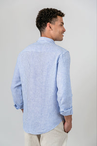 Camisa 100% Linho Listra Larga Azul ML